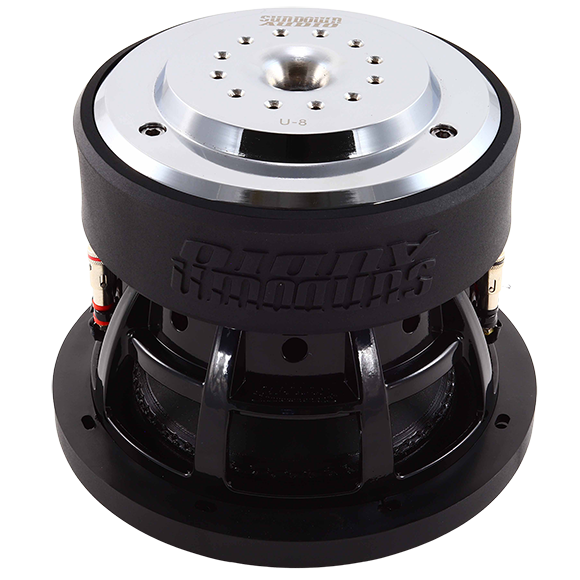 Close-up of a Sundown Audio U-Series 8 v.1 Subwoofer, featuring heat dissipation vents and a high-temperature copper voice coil for superior performance, with visible wiring connections in its sleek black and silver industrial design.
