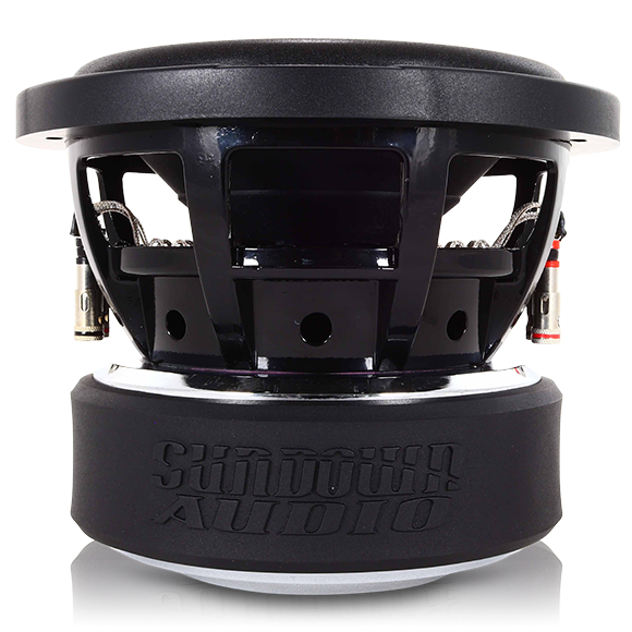 The Sundown Audio U-Series 8 v.1 Subwoofer features a black and silver circular design with robust voice coils for reliable performance. It has a sturdy frame enhancing heat dissipation, and the brand name is embossed on the rubber casing at the bottom.
