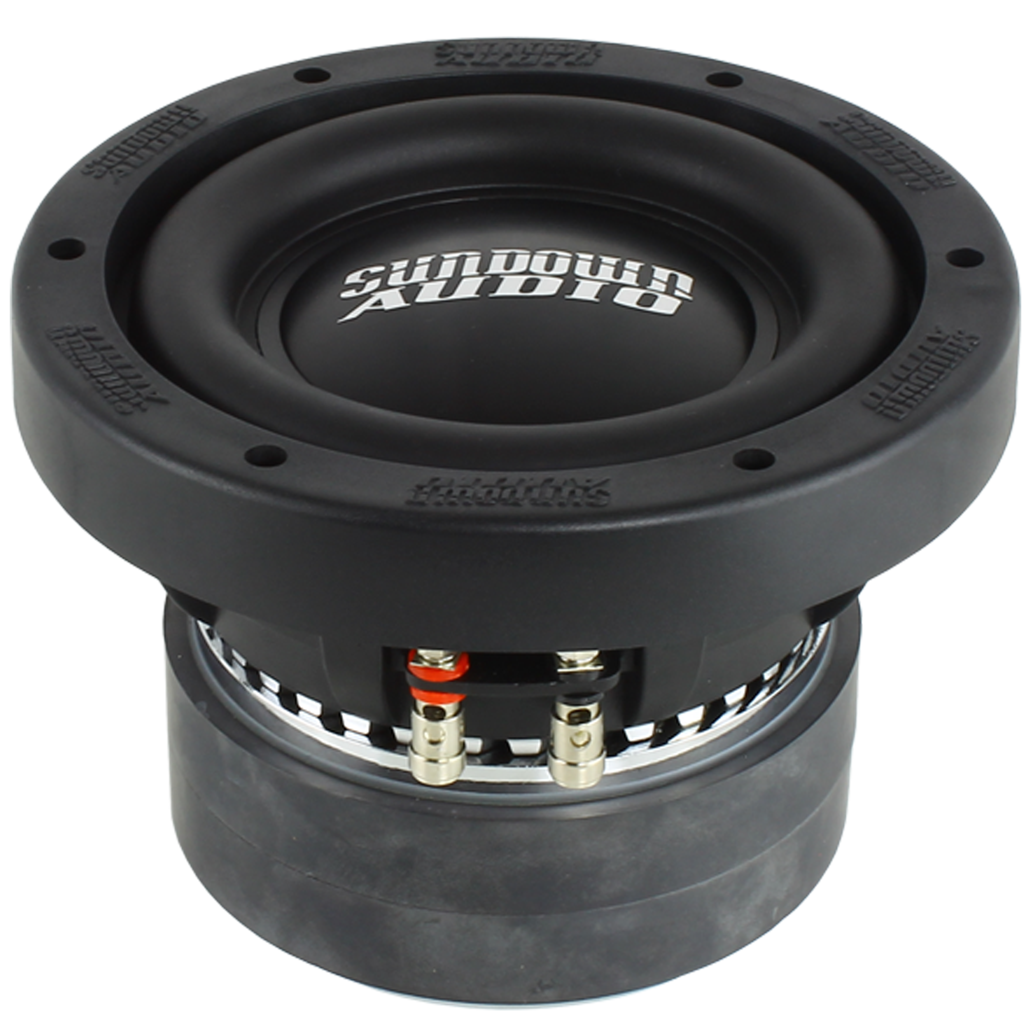 Close-up of a black Sundown Audio X-Series v.2 6.5 Subwoofer, expertly crafted for deep bass with a robust design, wide rubber surround, and side connection terminals. The brand logo prominently sits atop the cone, highlighting its high power handling capability.