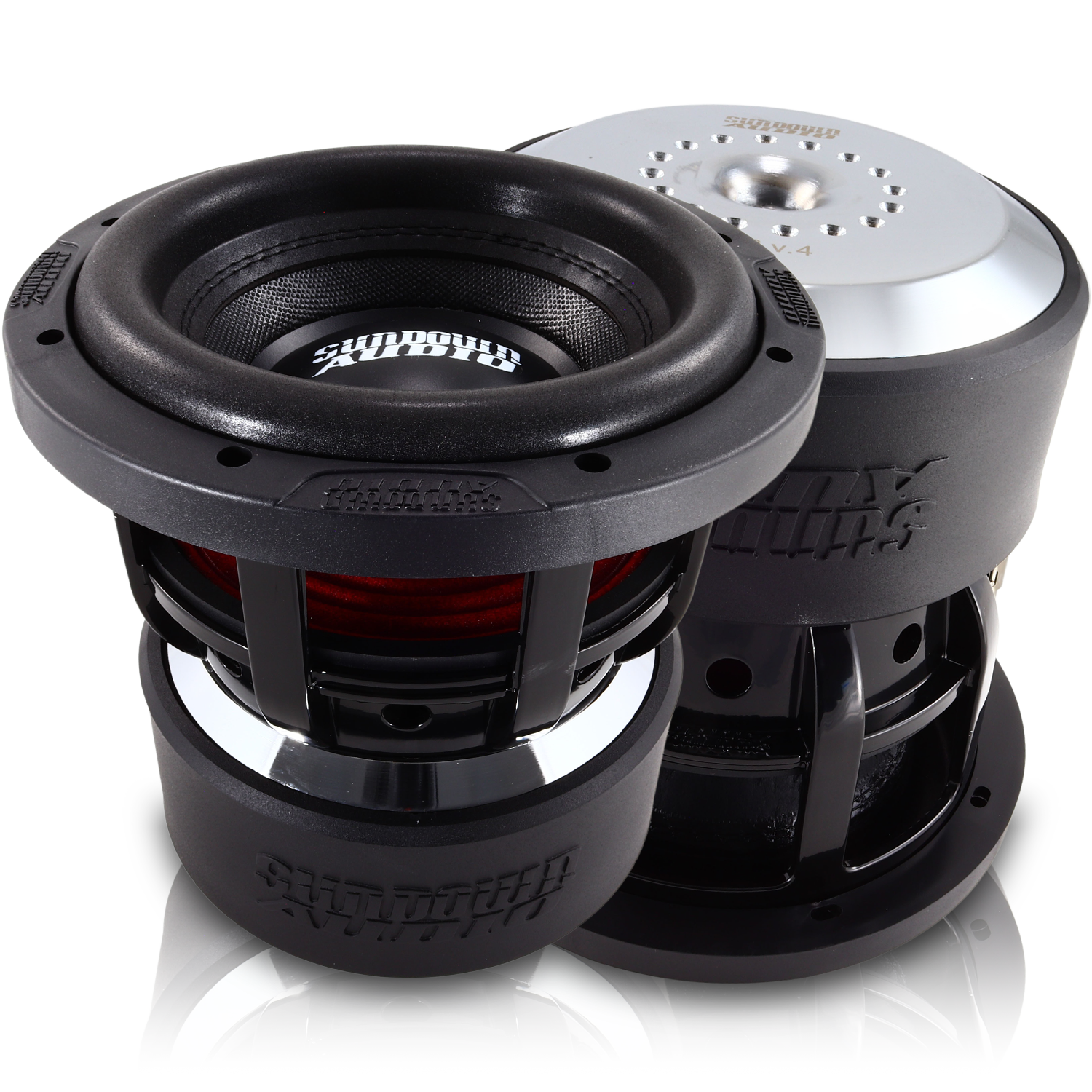 Two large, black X-Series v.4 8 Subwoofers from Sundown Audio, each with prominently branded logos, showcase sturdy construction and linear suspension. One stands upright while the other tilts to reveal metallic and red components, emphasizing durability and deep bass performance.