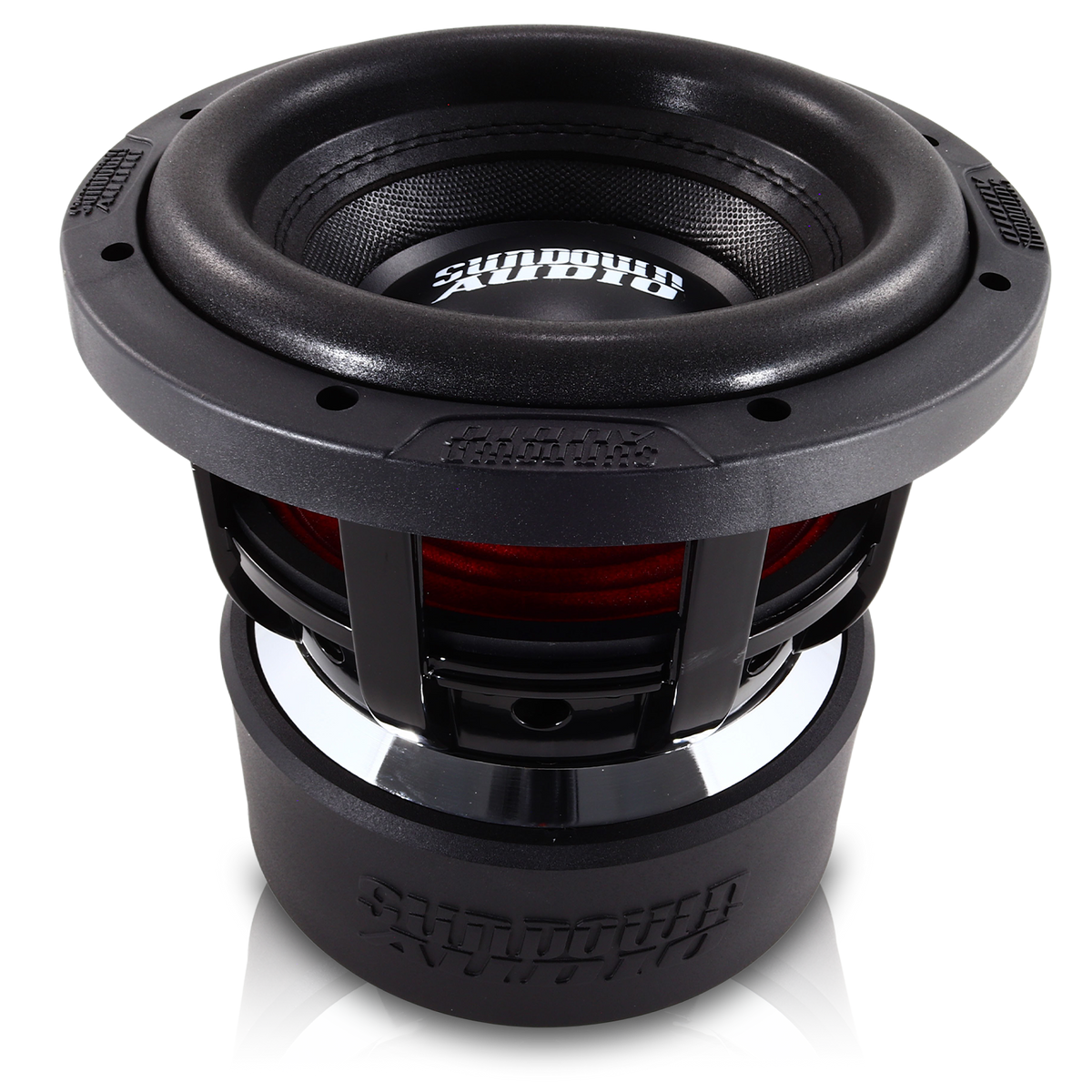Close-up of the Sundown Audio X-Series v.4 8 Subwoofer, featuring a round black design with red accents and logo on top, emphasizing its deep bass capabilities. The detailed construction reveals the inner coil, linear suspension, and metal framework.