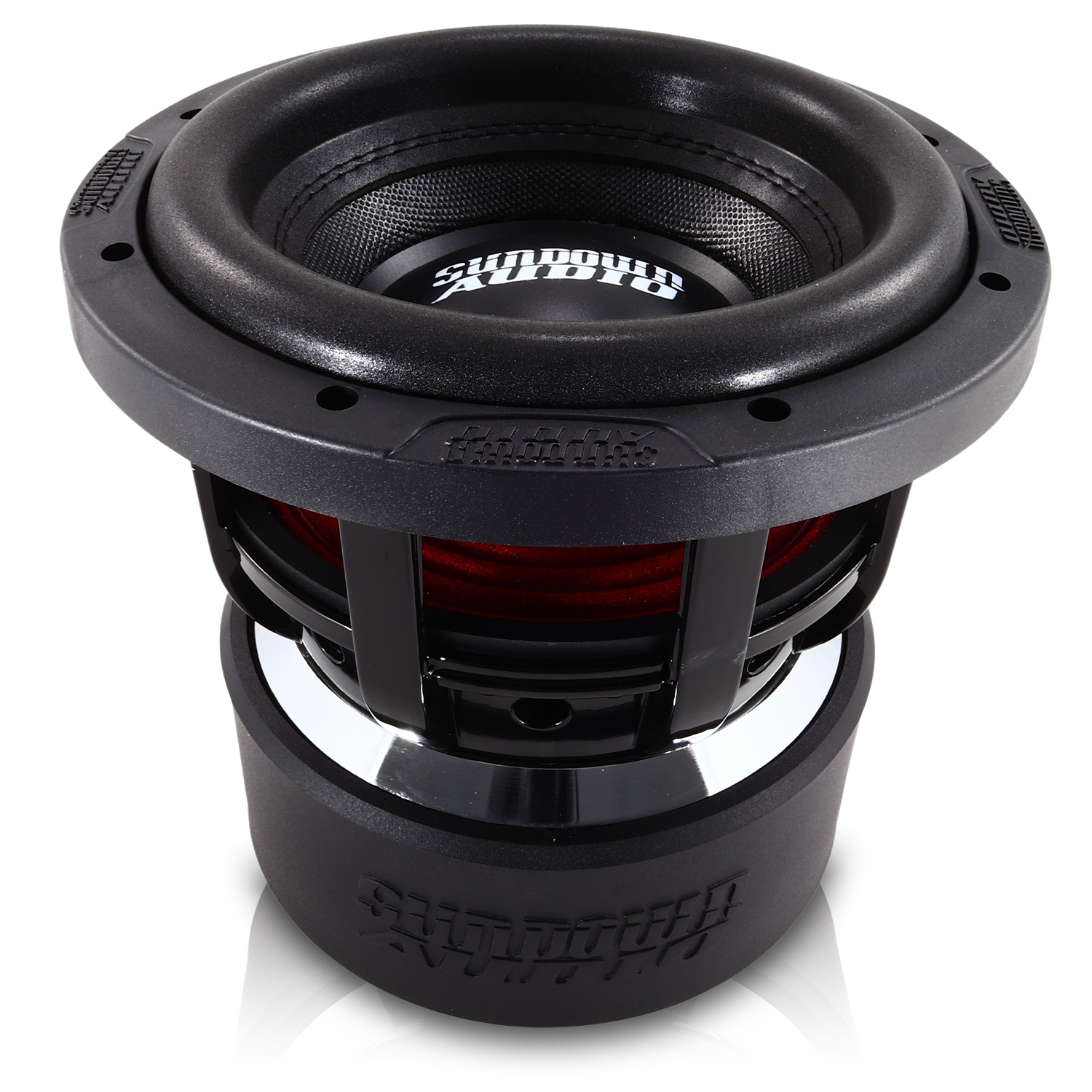 Close-up of the Sundown Audio X-Series v.4 8 Subwoofer, featuring a round black design with red accents and logo on top, emphasizing its deep bass capabilities. The detailed construction reveals the inner coil, linear suspension, and metal framework.