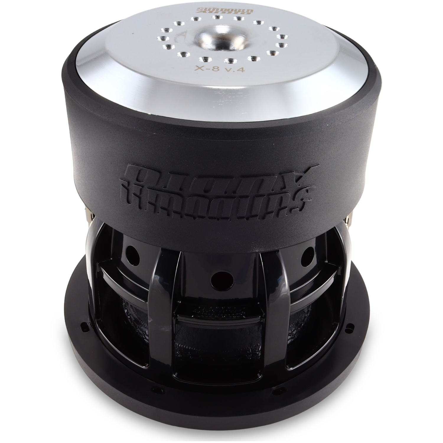 The Sundown Audio X-Series v.4 8 Subwoofer features a sleek black and silver cylindrical design with vent holes for enhanced airflow, a metallic top with engraved text, and a robust base for rich bass and captivating low-frequency sound.