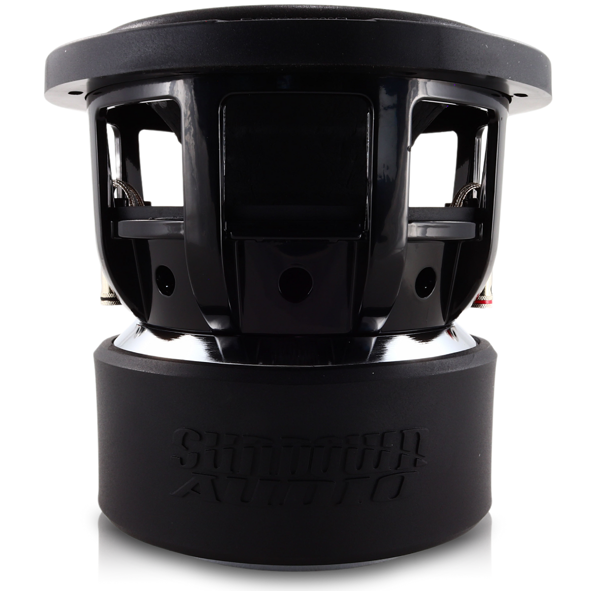 The Sundown Audio X-Series v.4 8 Subwoofer is a robust black cylindrical subwoofer delivering deep bass, featuring a branded casing and exposed interior to showcase its durable construction and advanced linear suspension.