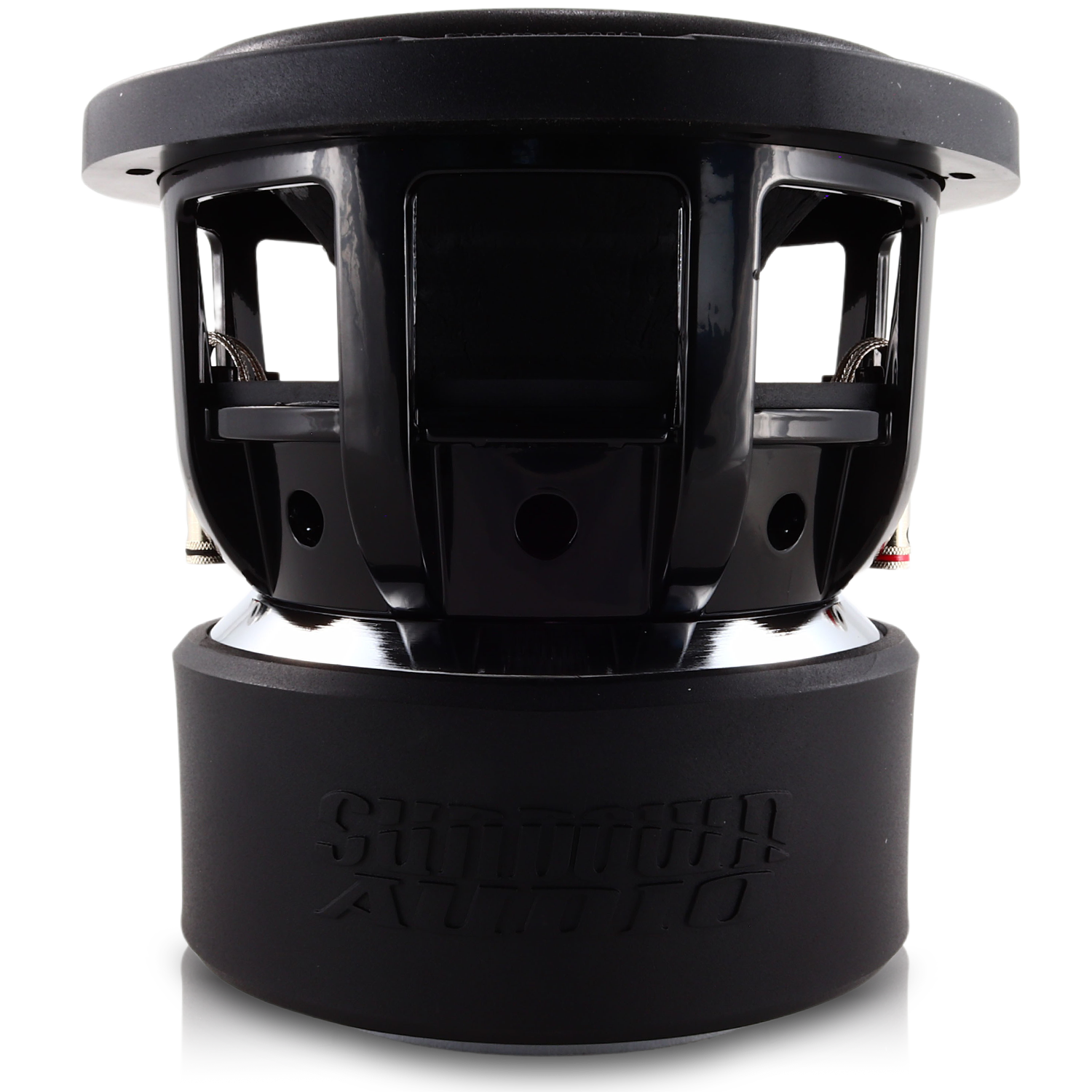 The Sundown Audio X-Series v.4 8 Subwoofer is a robust black cylindrical subwoofer delivering deep bass, featuring a branded casing and exposed interior to showcase its durable construction and advanced linear suspension.