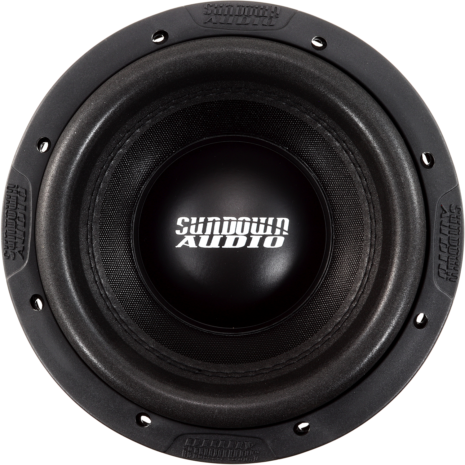 Close-up of the X-Series v.4 8 Subwoofer by Sundown Audio, featuring a black central cone with the brands logo. The textured outer rim and eight screw holes highlight its precise linear suspension design for deep bass.