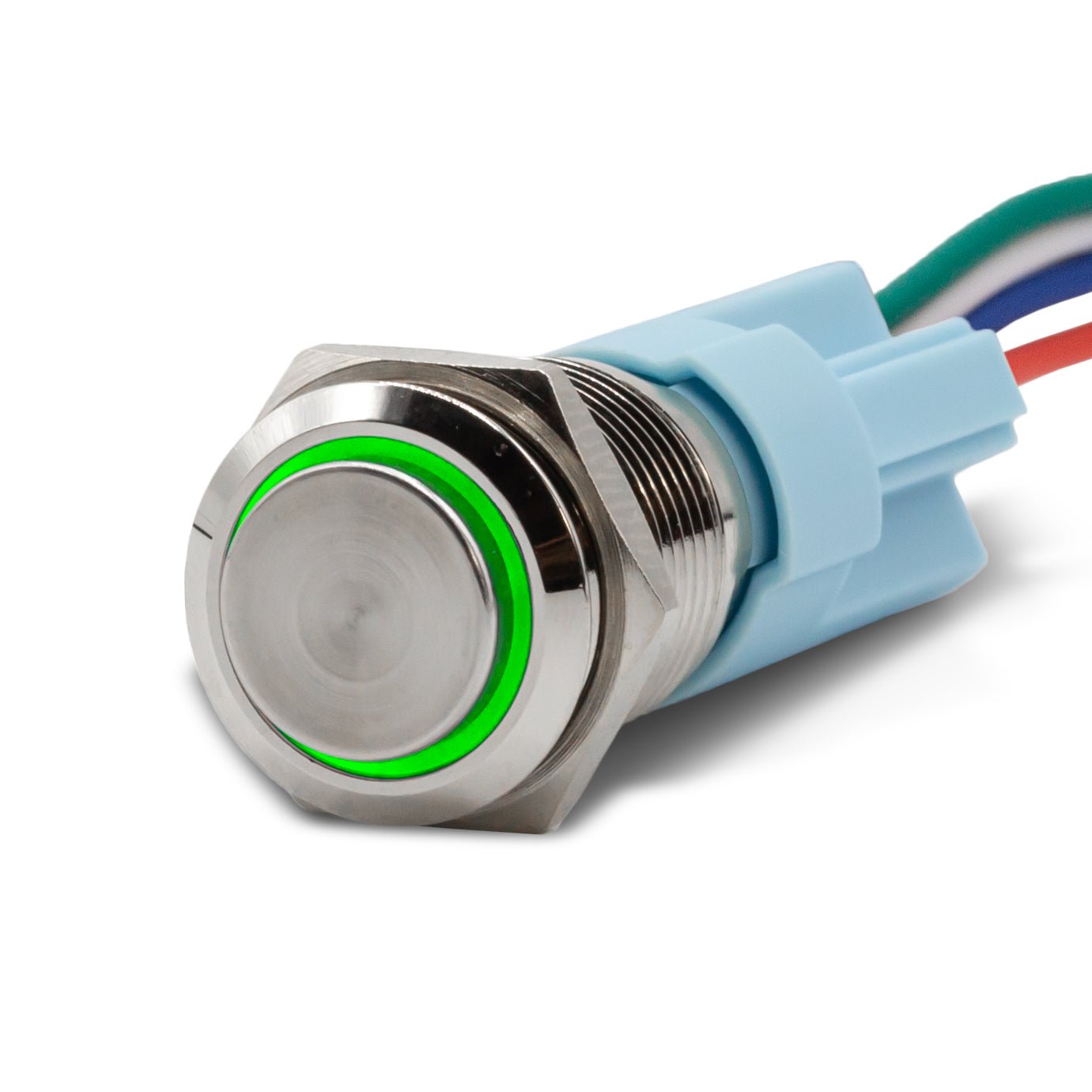 Latching Aluminum Halo Ring 12V Push Button Switch SPDT - Green - A16 - 11DT - GN - Sparked Innovations