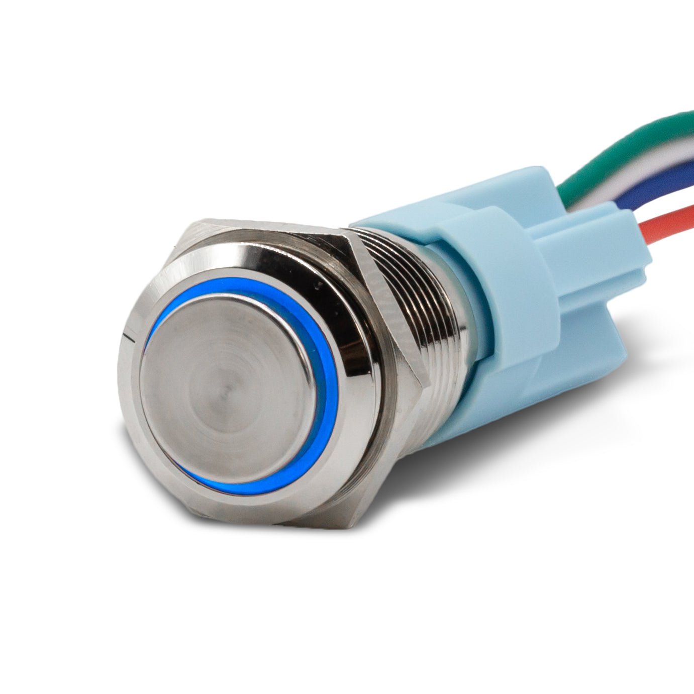 Latching Aluminum Halo Ring 12V Push Button Switch SPDT - Blue - A16 - 11DT - BL - Sparked Innovations