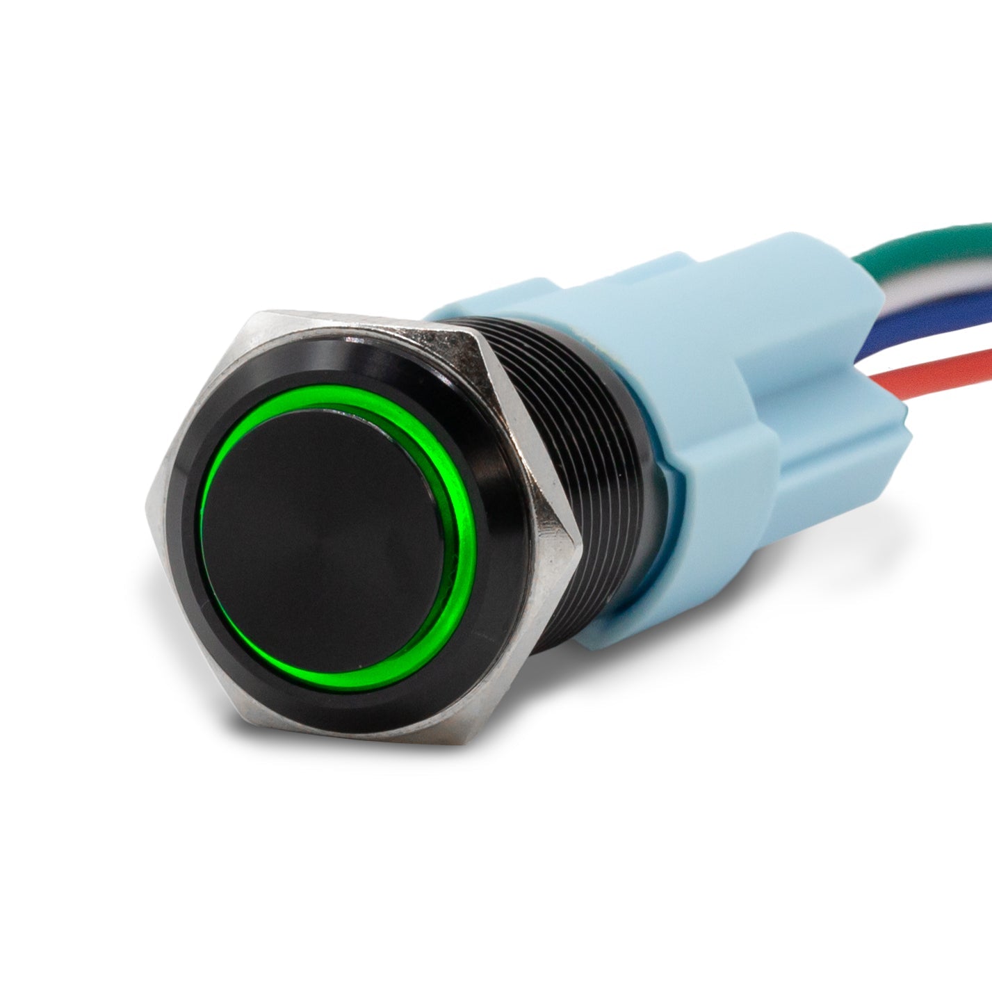 Latching Black Halo Ring 12V Push Button Switch SPDT - Green - B16 - 11DT - GN - Sparked Innovations