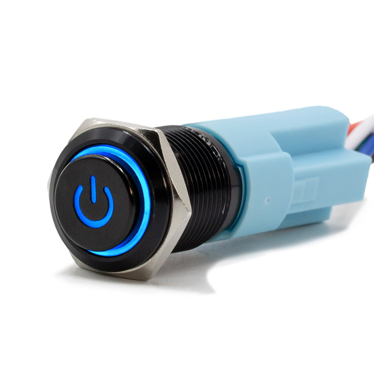 Latching Black Power Symbol 12V Push Button Switch SPDT - Blue - B16 - 11DDH - BL - Sparked Innovations