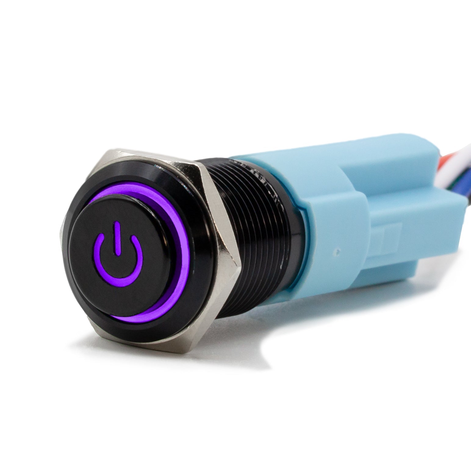 Latching Black Power Symbol 12V Push Button Switch SPDT - Purple - B16 - 11DDH - PR - Sparked Innovations