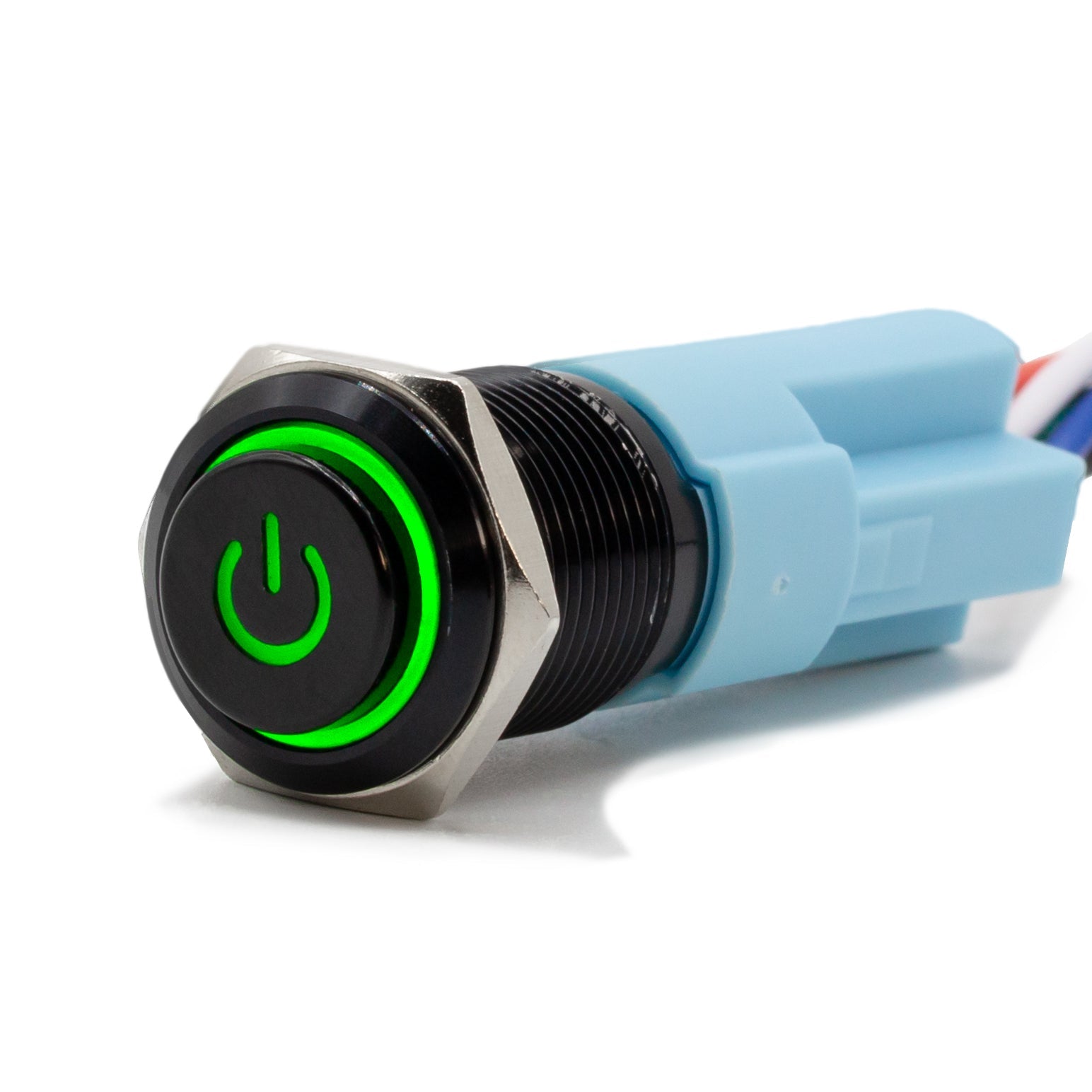 Latching Black Power Symbol 12V Push Button Switch SPDT - Green - B16 - 11DDH - G - Sparked Innovations