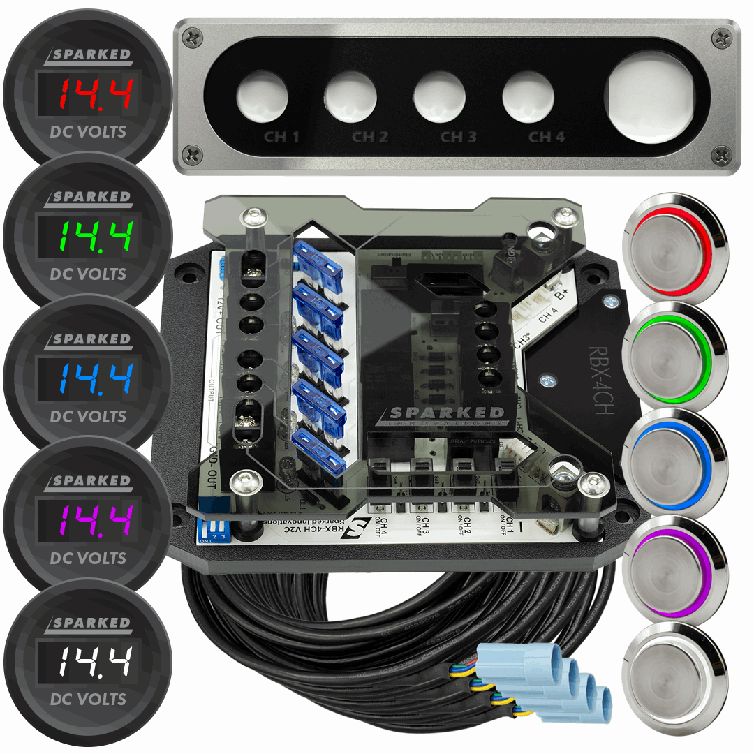 RBX - 4CH Relay Box + Halo Switches + Aluminum Panel + Voltmeter Super DUPER Pack - Sparked Innovations