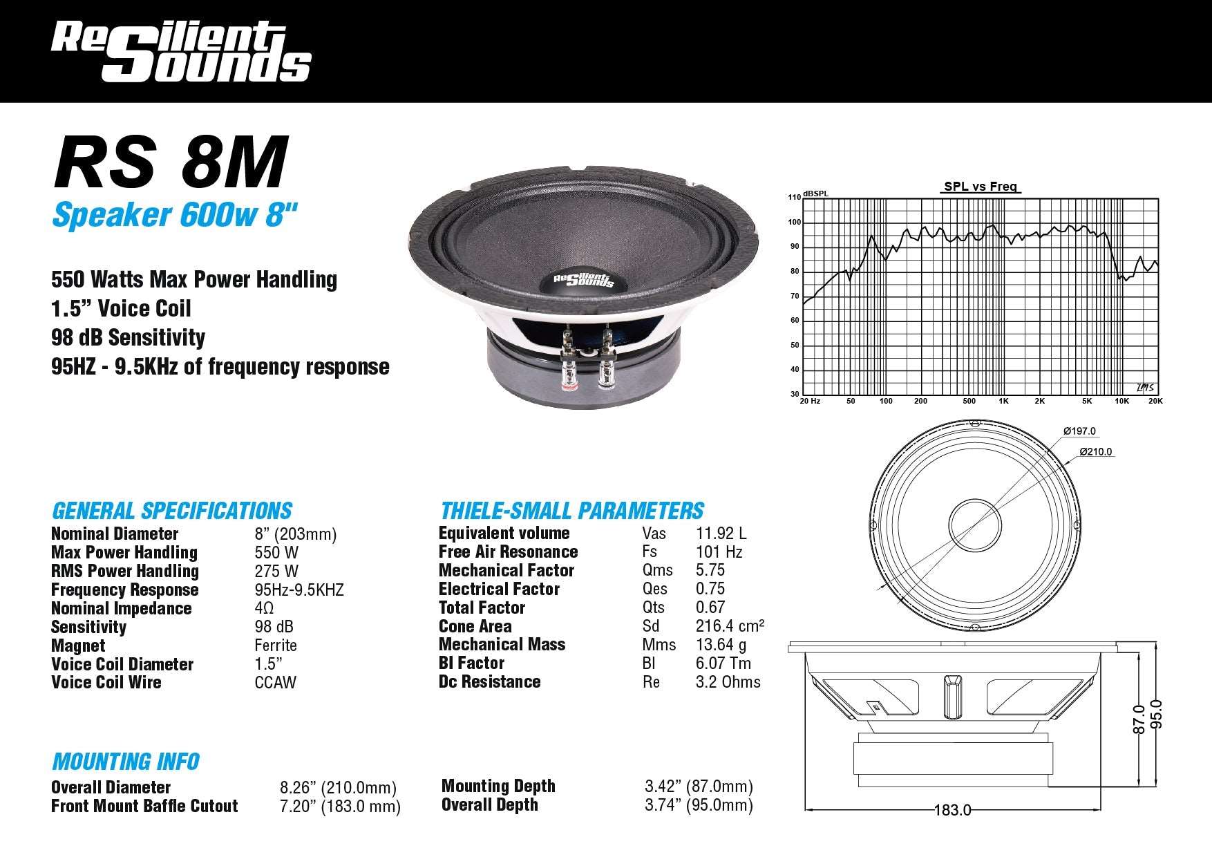 Resilient Sounds RS 8M 275W 4Ω 8" Speaker - RS - 8M - SP - Sparked Innovations