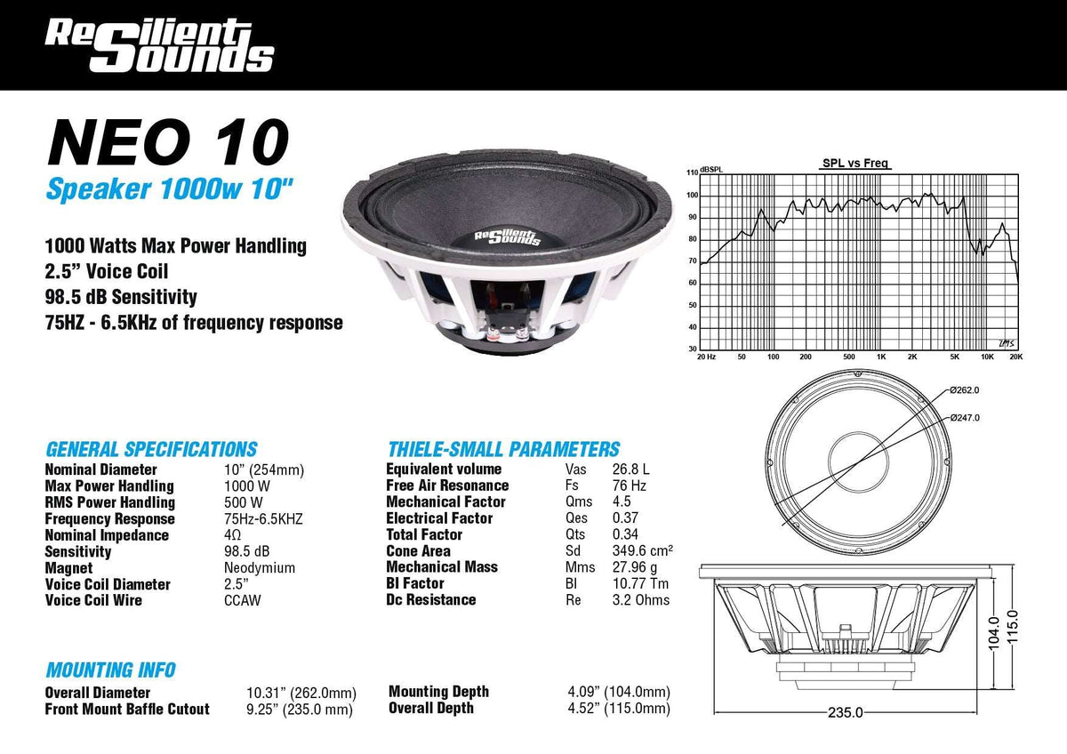 Resilient Sounds RS NEO 10 500W 4Ω 10" Speaker Neodymium Magnet - RS - NEO - 10 - SP - Sparked Innovations