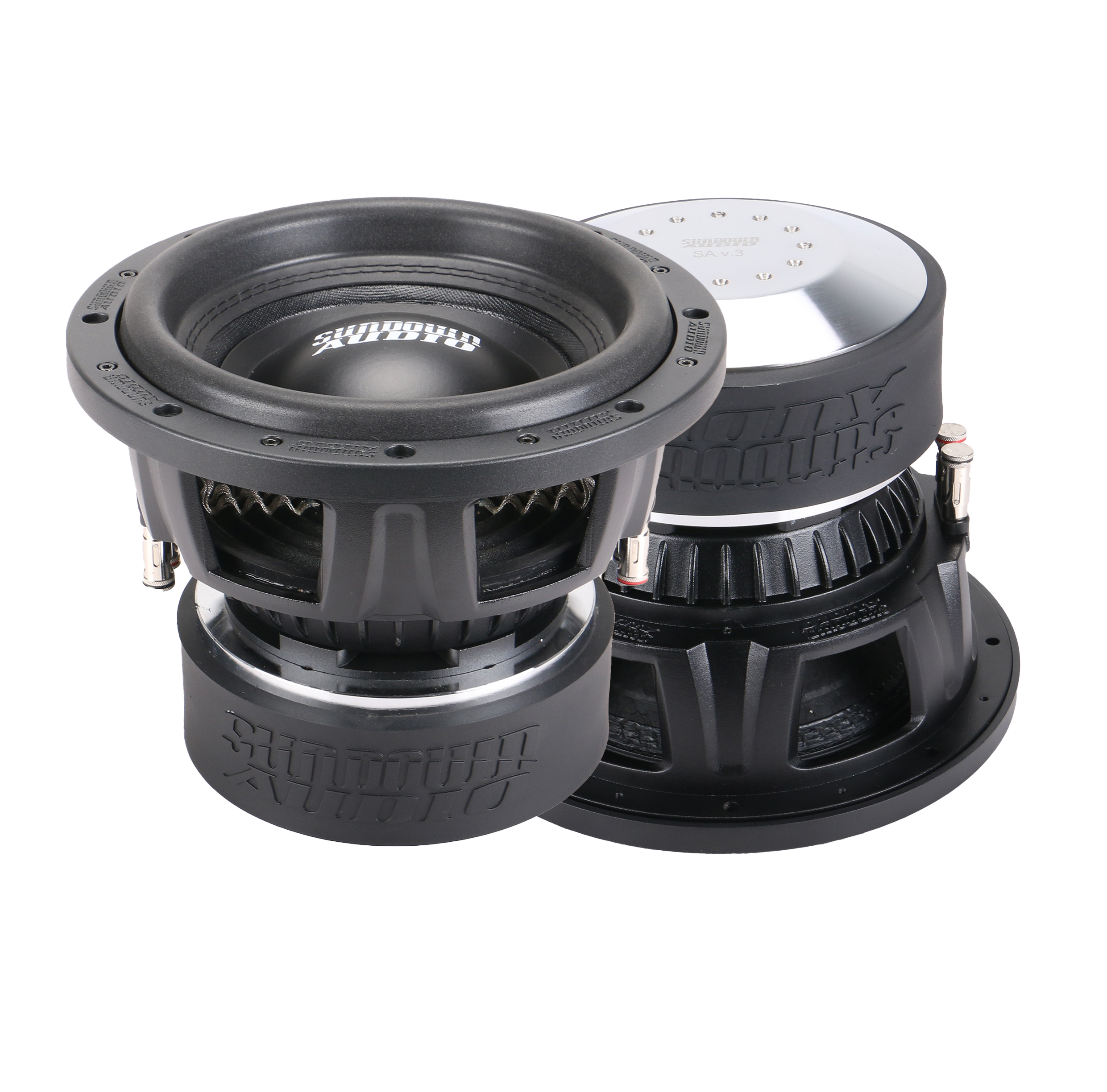Two large Sundown Audio SA-Series v.3 10 black and silver subwoofers display visible coil structures and brand logos. Featuring RMS 1250 watts and dual voice coils, one faces forward while the other shows its back, highlighting their robust design and enclosure specs.