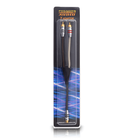 The Sundown Audio SAZ 2M-1F Y-Splitters packaging features sleek black and red connectors designed for audio signal splitting. Crafted with Oxygen-Free Copper, these high-grip connectors promise quality. A dynamic blue and white lightning pattern forms the backdrop.