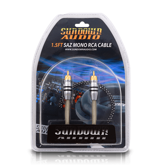 The SAZ1-1.5FT Mono Channel RCA Interconnects by Sundown Audio come in a transparent package displaying two oxygen-free copper connectors, set against an industrial metal-themed backdrop that highlights quality and durability.