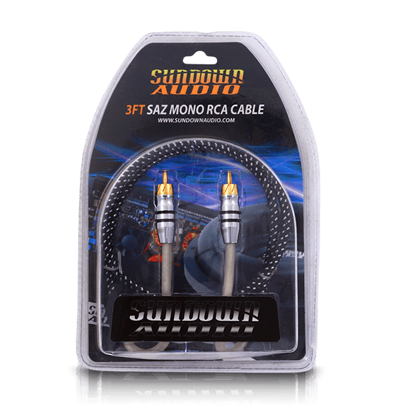The Sundown Audio SAZ1-3FT Mono Channel RCA Interconnects are packaged in a clear plastic cover showcasing the oxygen-free copper braided cable and gold-plated connectors, with prominent brand and product information.