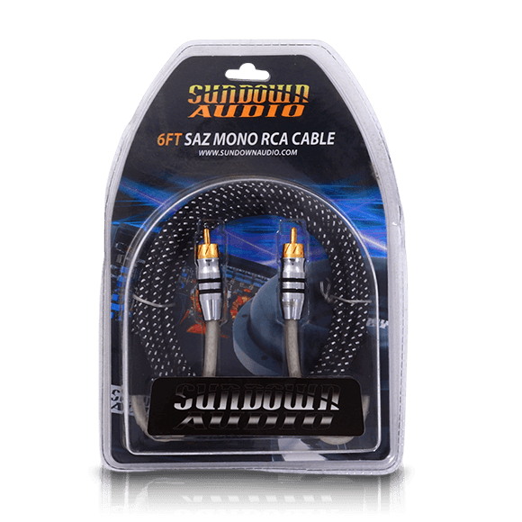 The SAZ1-6FT Mono Channel RCA Interconnects from Sundown Audio feature premium oxygen-free copper, black and silver braided insulation, and gold-plated connectors. The packaging prominently displays the brand name and website URL.