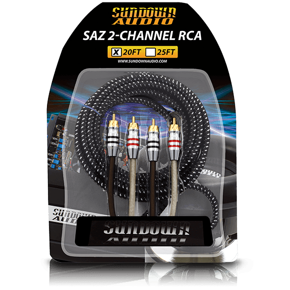 The Sundown Audio SAZ4 4-Channel RCA Interconnects packaging highlights braided cables with oxygen-free copper for superior signal transfer, featuring red and white color-coded connectors. Available in 20ft length, it prominently displays the Sundown Audio branding.