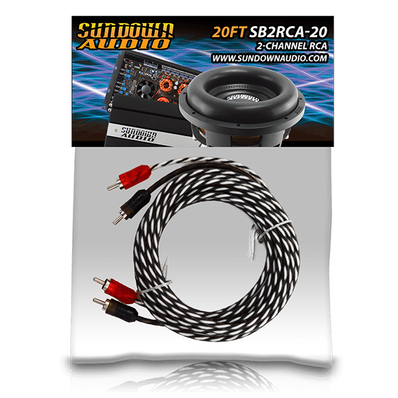Coiled black and white RCA cables with red and black connectors are shown against a backdrop with a speaker and Sundown Audio logo. The text says 20FT SB2-20FT 2-Channel RCA and features a website URL.