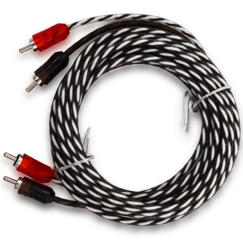 The SB2-9FT 2-Channel RCA Interconnect Cables by Sundown Audio feature a coiled, black-and-white braided design with two red and two black connectors at each end, secured with small white ties.