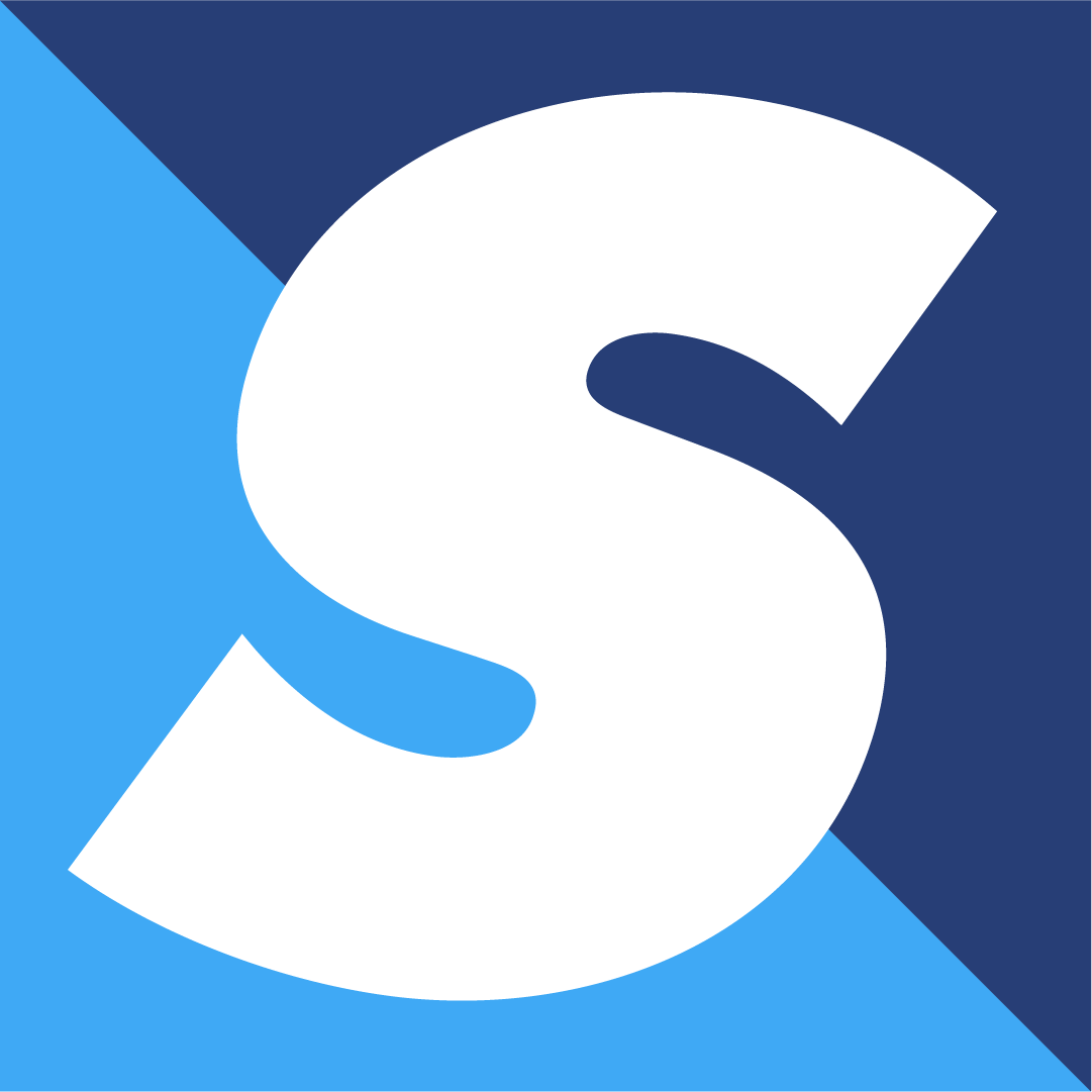 A large white letter S on a background divided diagonally. The top left is navy blue, and the bottom right is light blue, creating a two-toned effect.