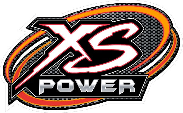 XS Power logo with bold white and red letters on a black and gray checkered background. Orange and yellow swooshes encircle the design.