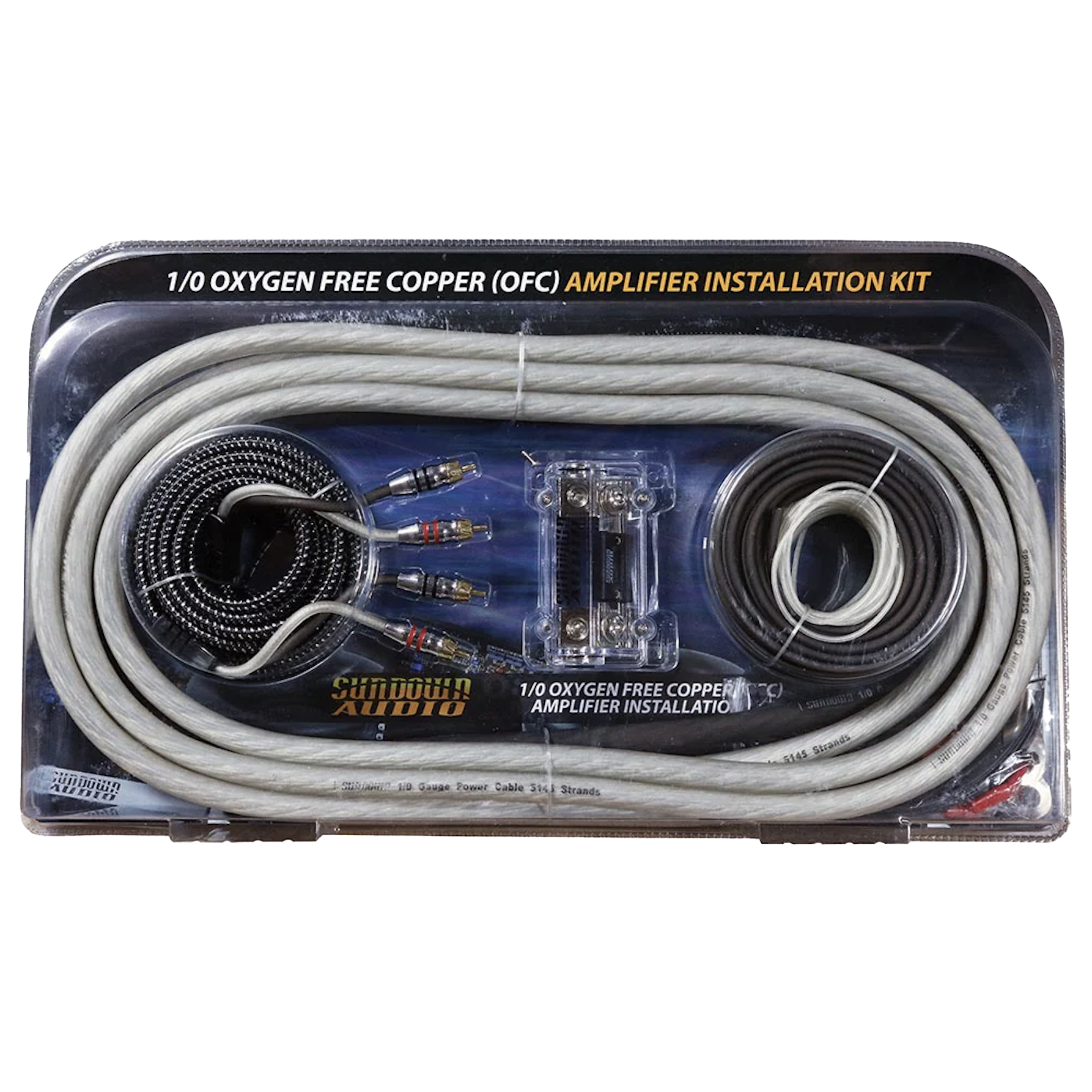 Sundown Audio presents the 1/0 Gauge AWG Silver/Black OFC Amplifier Wire Kit, which includes oxygen-free copper power wires, connectors, and a robust fuse holder, all arranged in a clear plastic casing.