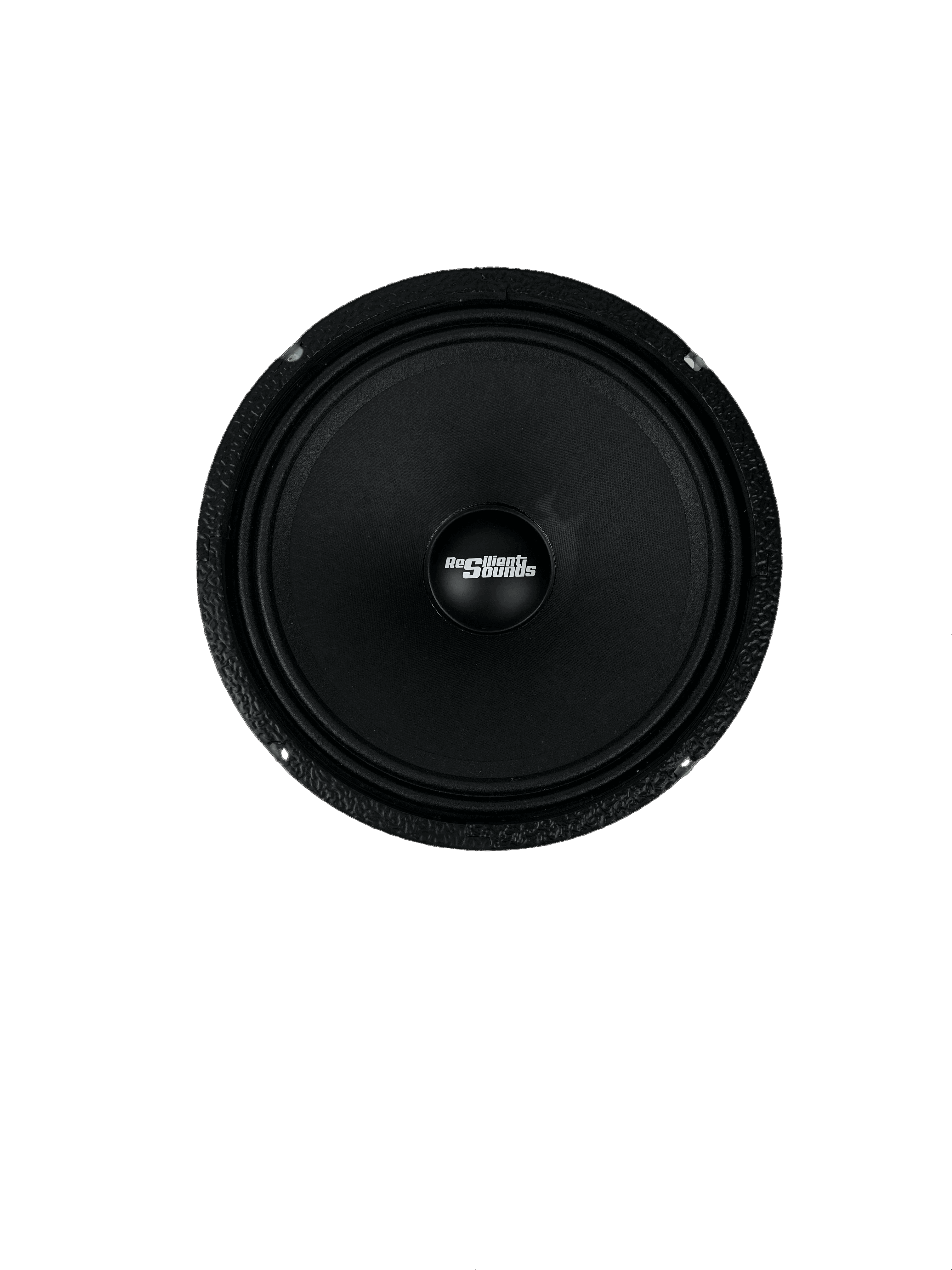 Against a dark backdrop, the sleek black circular Resilient Sounds RS 10M 300W 4Ω 10" Speaker stands out, boasting a powerful design. At its center, a label with white text emphasizes its impressive features like the wide frequency response of 70Hz-7KHz, making it perfect for delivering crisp and clear sound.