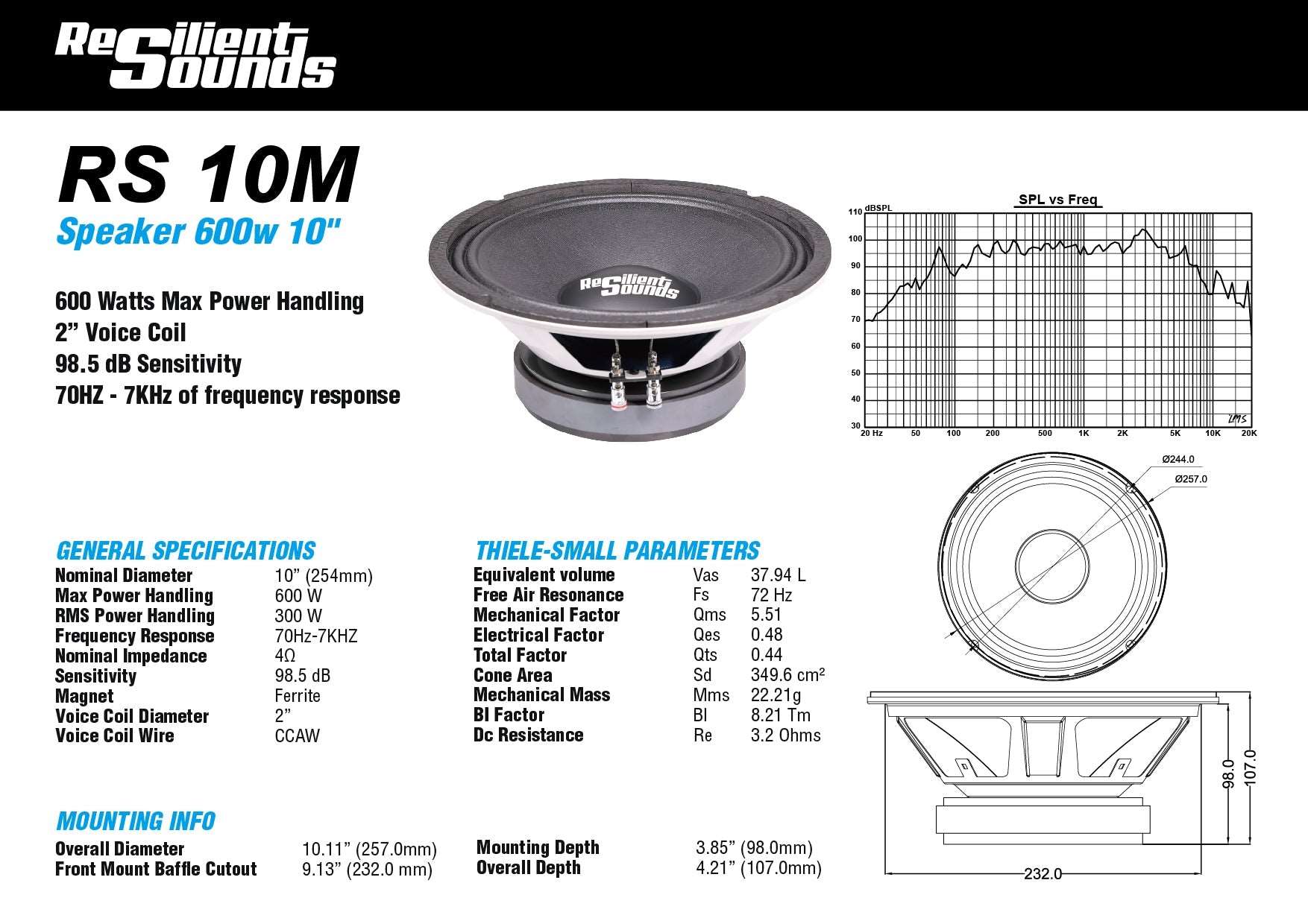 Image displaying a Resilient Sounds RS 10M 300W 4Ω 10" speaker, highlighting specifications such as a 2” voice coil and an impressive sensitivity of 98.5 dB. The graph illustrates its frequency response range from 70Hz to 7kHz, along with Thiele-Small parameters and dimensions.