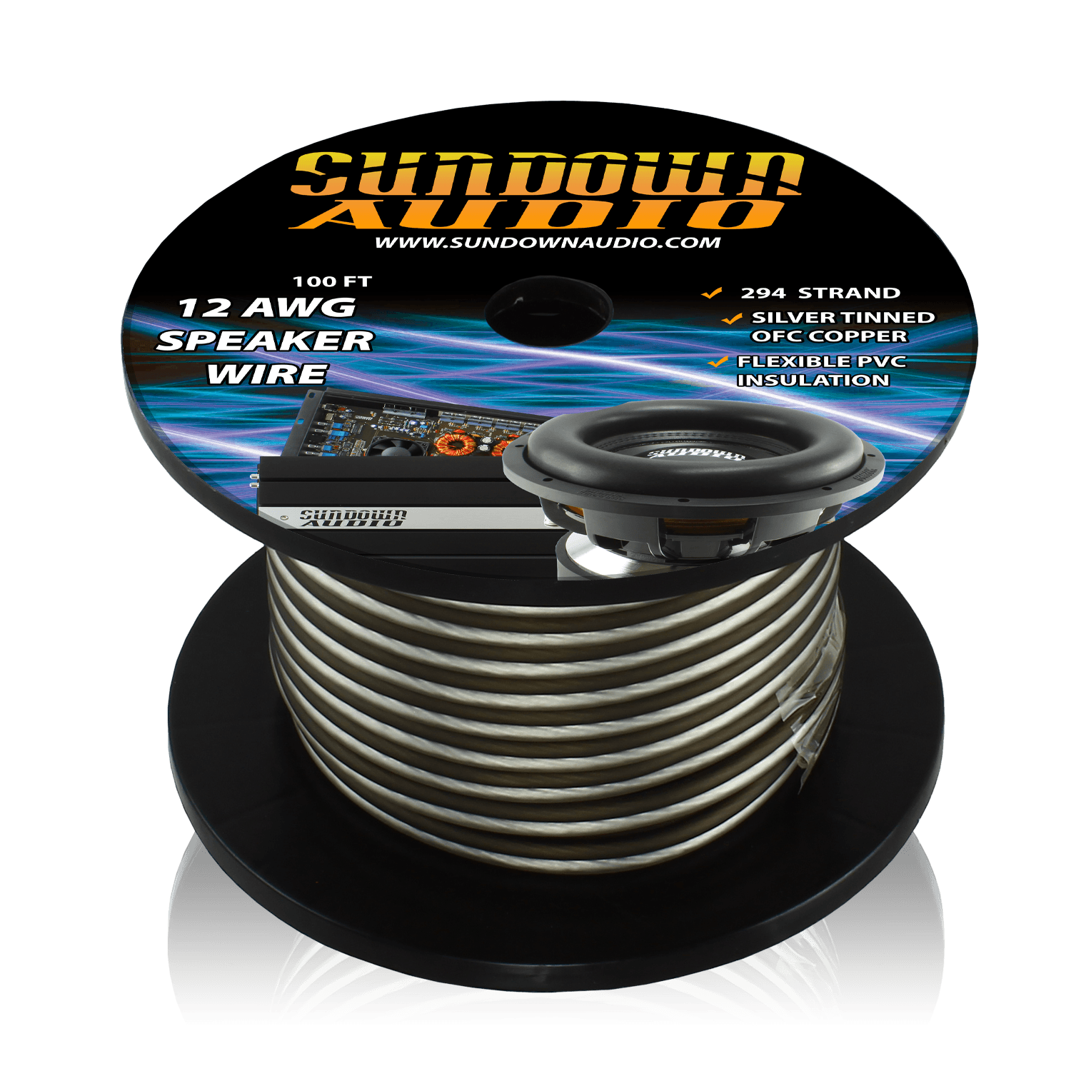 12 Gauge Silver/Black 100' Tinned OFC Oxygen Free Copper Speaker Wire - Sundown Audio