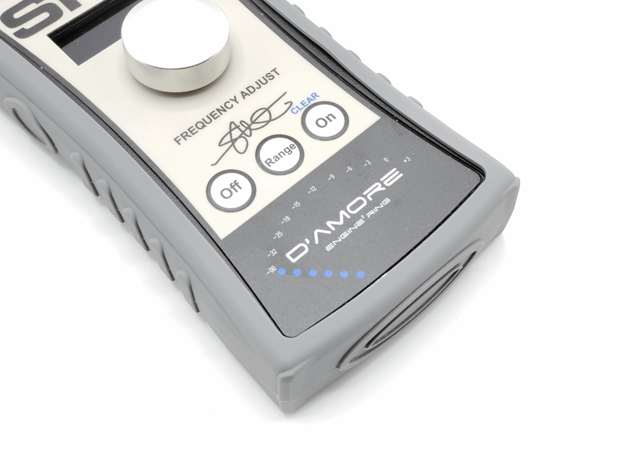 The SMD IM-SG+ (Impedance Meter - Signal Generator PLUS) by Steve Meade Designs, with its gray casing and buttons labeled Off, Range, and On, includes a frequency adjust knob and blue LED indicators. It's perfect for testing speaker crossovers or serving as a compact signal generator.