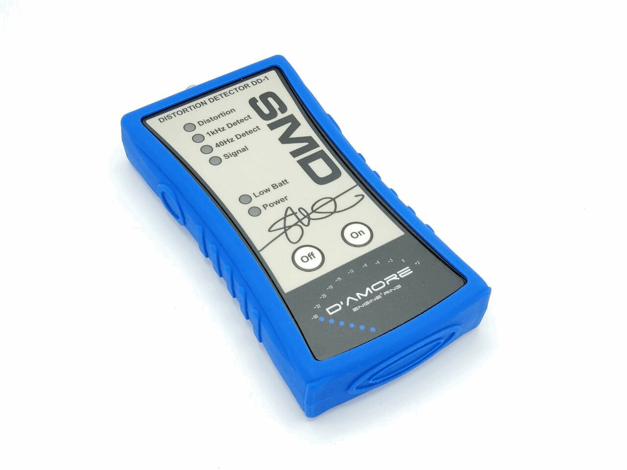 Introducing the SMD Distortion Detector DD-1 by Steve Meade Designs: a blue handheld tool equipped with a digital display, ideal for setting audio amplifier gain. It includes convenient buttons like 40Hz Detect and 1kHz Detect. The device proudly showcases the SMD branding along with D'Amore Engineering’s signature at the bottom.