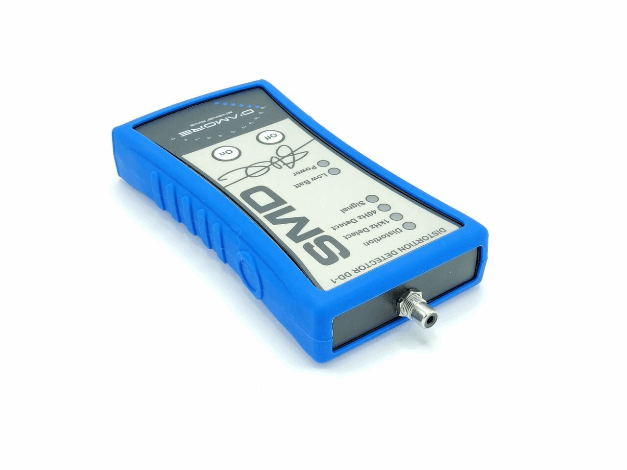 A handheld SMD Distortion Detector DD-1 from Steve Meade Designs, featuring a blue casing with a silver front panel. It includes buttons labeled On and Off, a connector at the bottom, and serves as an accurate gain setting tool for optimizing audio amplifiers.