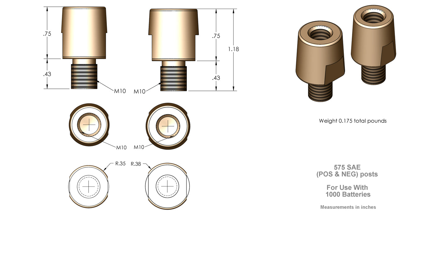 XS Power 575 XP1000 Brass Post Adaptors and Bolts M10 Threads