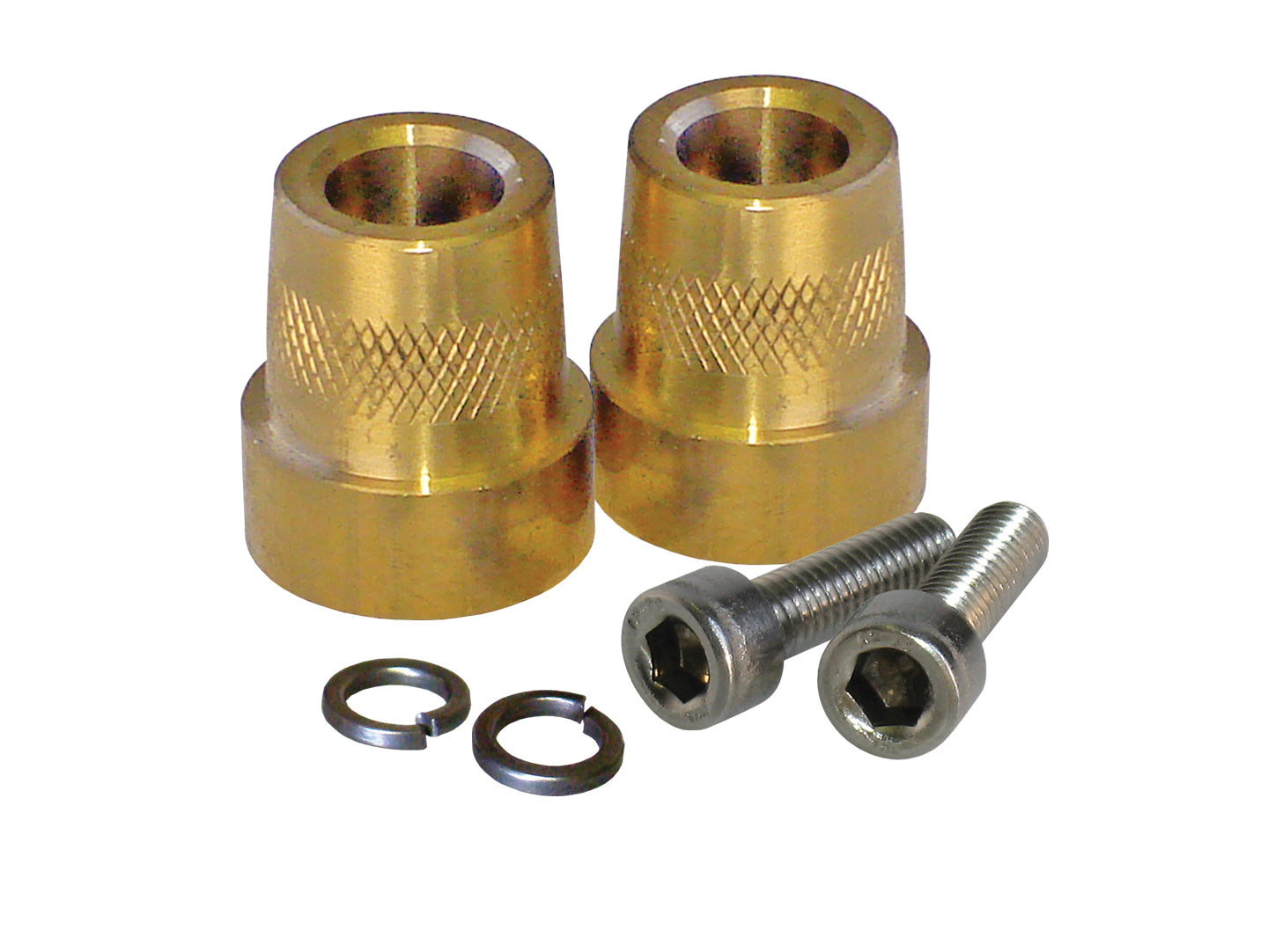 Two XS Power 586 Tall Brass Post Terminal Adaptors, with textured grips and two M6 steel bolts featuring hexagonal heads, are displayed on a white background. The brass connectors are cylindrical with a hollow center.