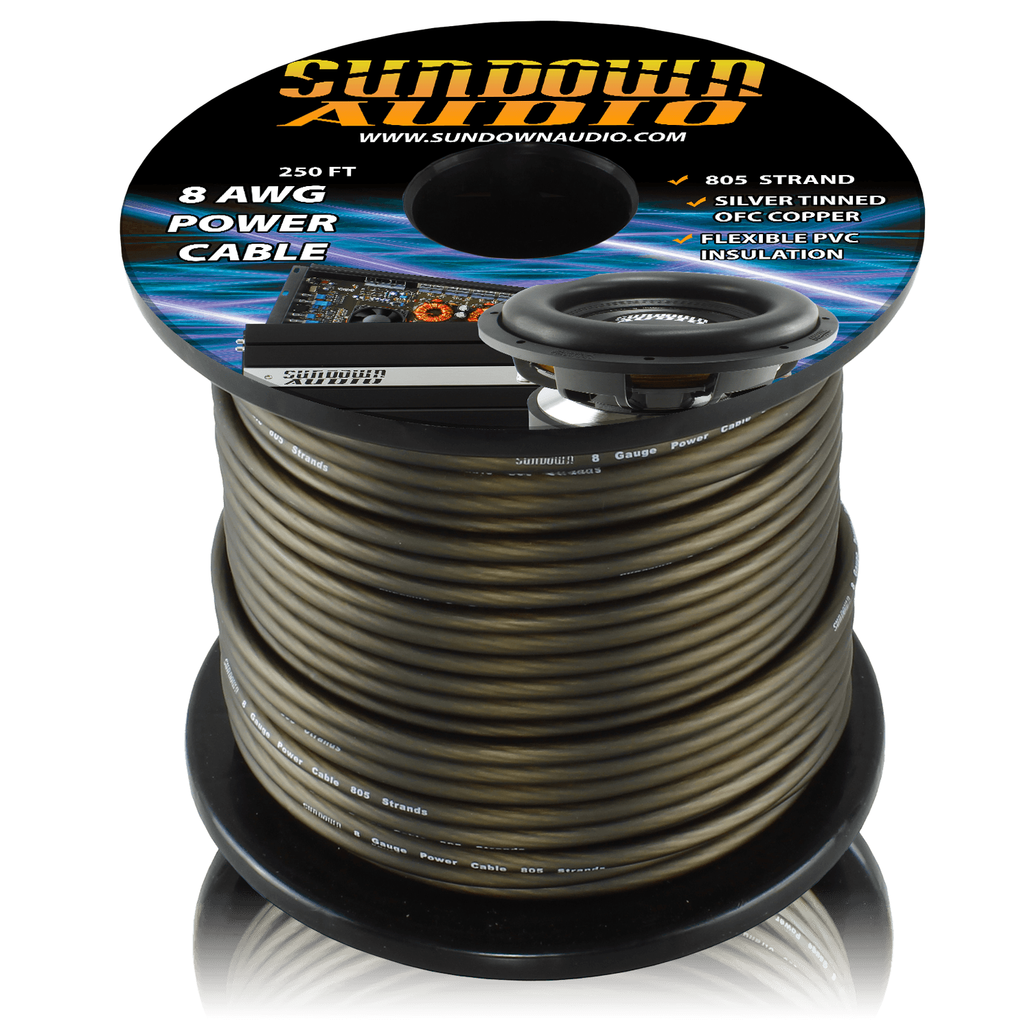 8 Gauge BLACK 250' Tinned OFC Oxygen Free Copper Power Cable - Sundown Audio