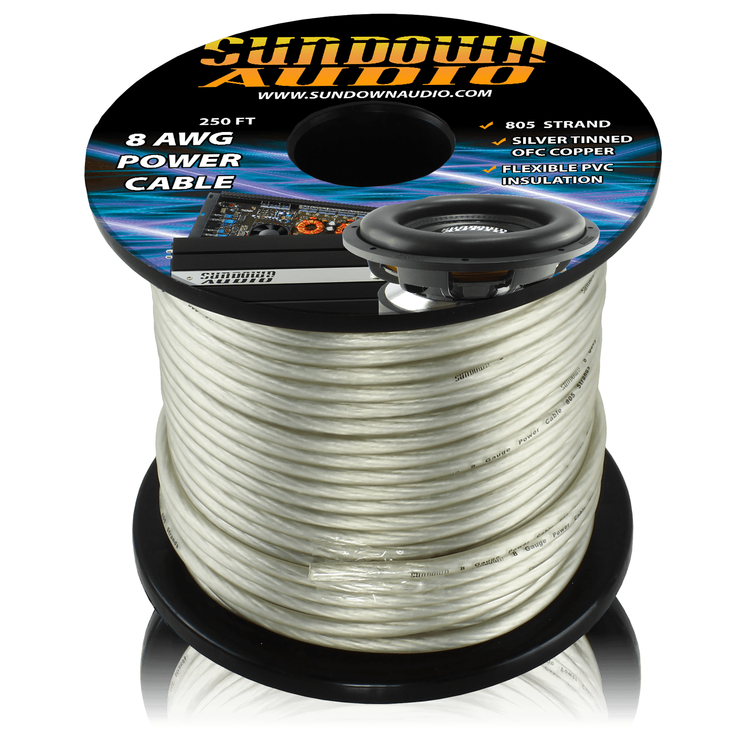 8 Gauge SILVER 250' Tinned OFC Oxygen Free Copper Power Cable - Sundown Audio