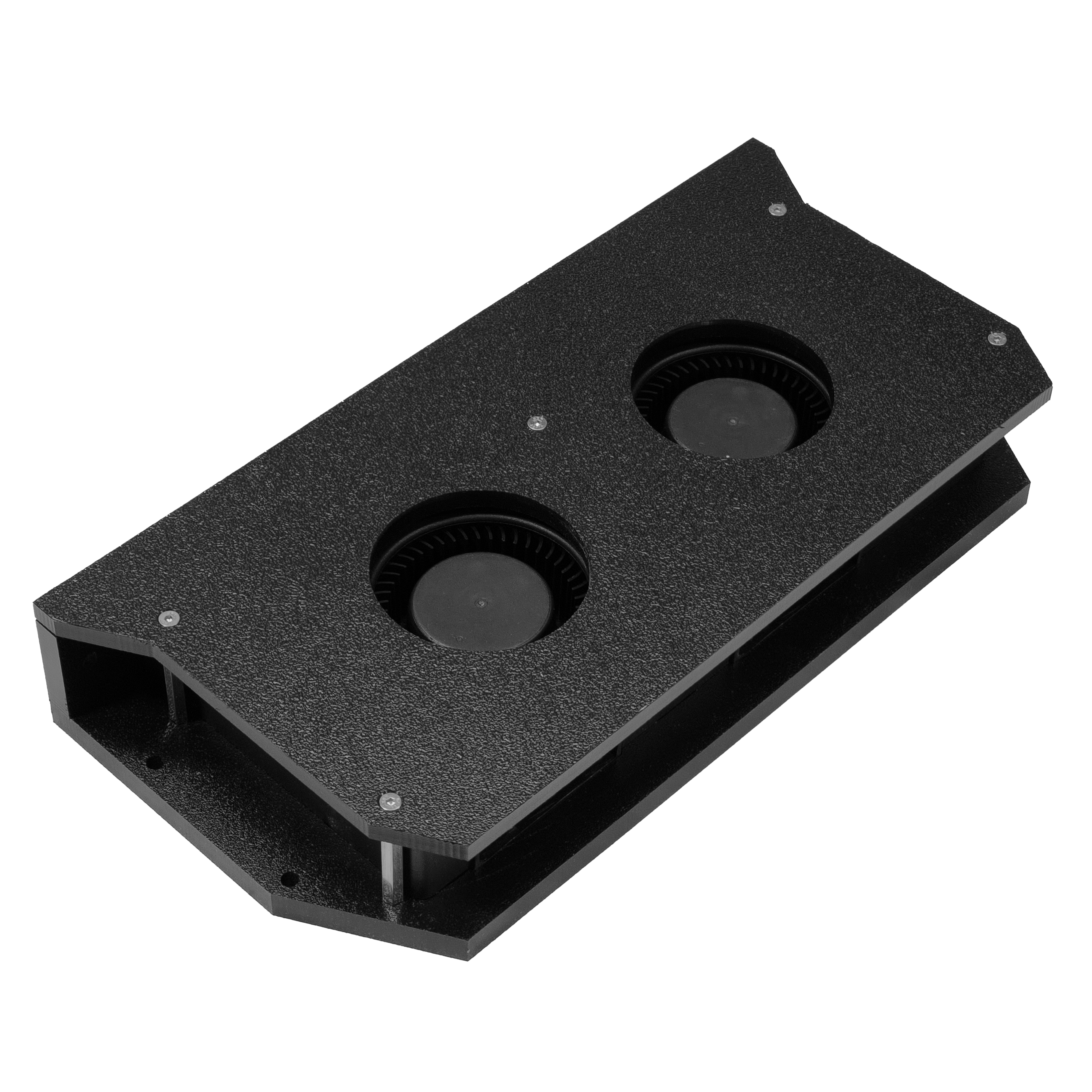 The Sparked Innovations Basic Fannie 12V Car Audio Amplifier Cooling Fan is a black, rectangular electronic cooling device designed with rugged construction. It features two circular fans arranged horizontally on a textured surface. Its compact design makes it perfect for amplifier cooling and equipment ventilation, with screws visible around the edges of the unit.