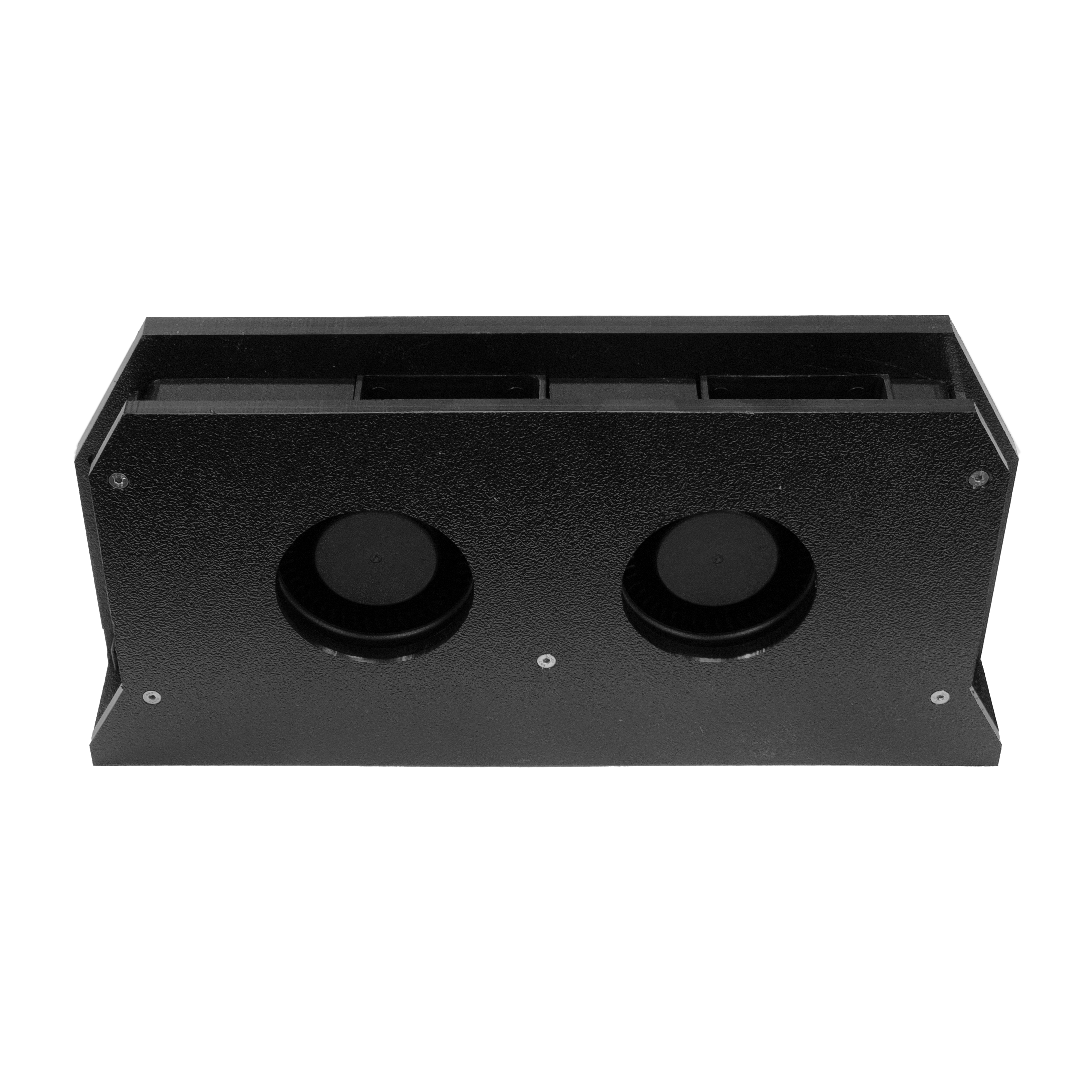 A rectangular, black metal air vent cover from Sparked Innovations, known as the Basic Fannie 12V Car Audio Amplifier Cooling Fan, features rugged construction with two forward-facing circular duct openings for effective amplifier cooling, set against a white background.