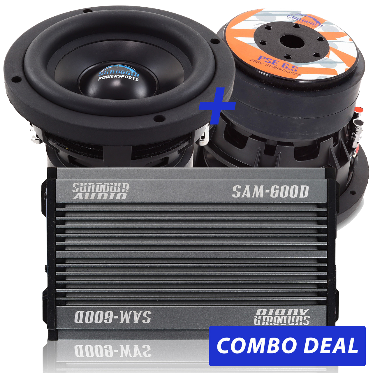 The Sundown Audio 2 PSE-6.5 6.5" Powersports Subwoofers & 1 SAM-600.1 Combo Deal features two circular subwoofers and a SAM-600D micro amplifier with ribbed texture from Sundown Audio, potentially equipped with Bluetooth capabilities, elegantly separated by a blue plus sign.