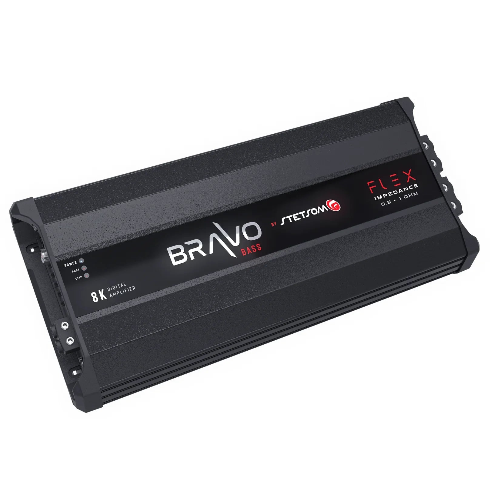 The black Stetsom BRAVO BASS Flex 8K Mono Class D Amplifier, with a power output of 8000 W, features an Automatic Impedance System ranging from 0.5 to 2 Ohm and boasts a Flex Impedance System on the front panel. Its design includes bold text and red accents for optimal BASS and SUB BASS performance.