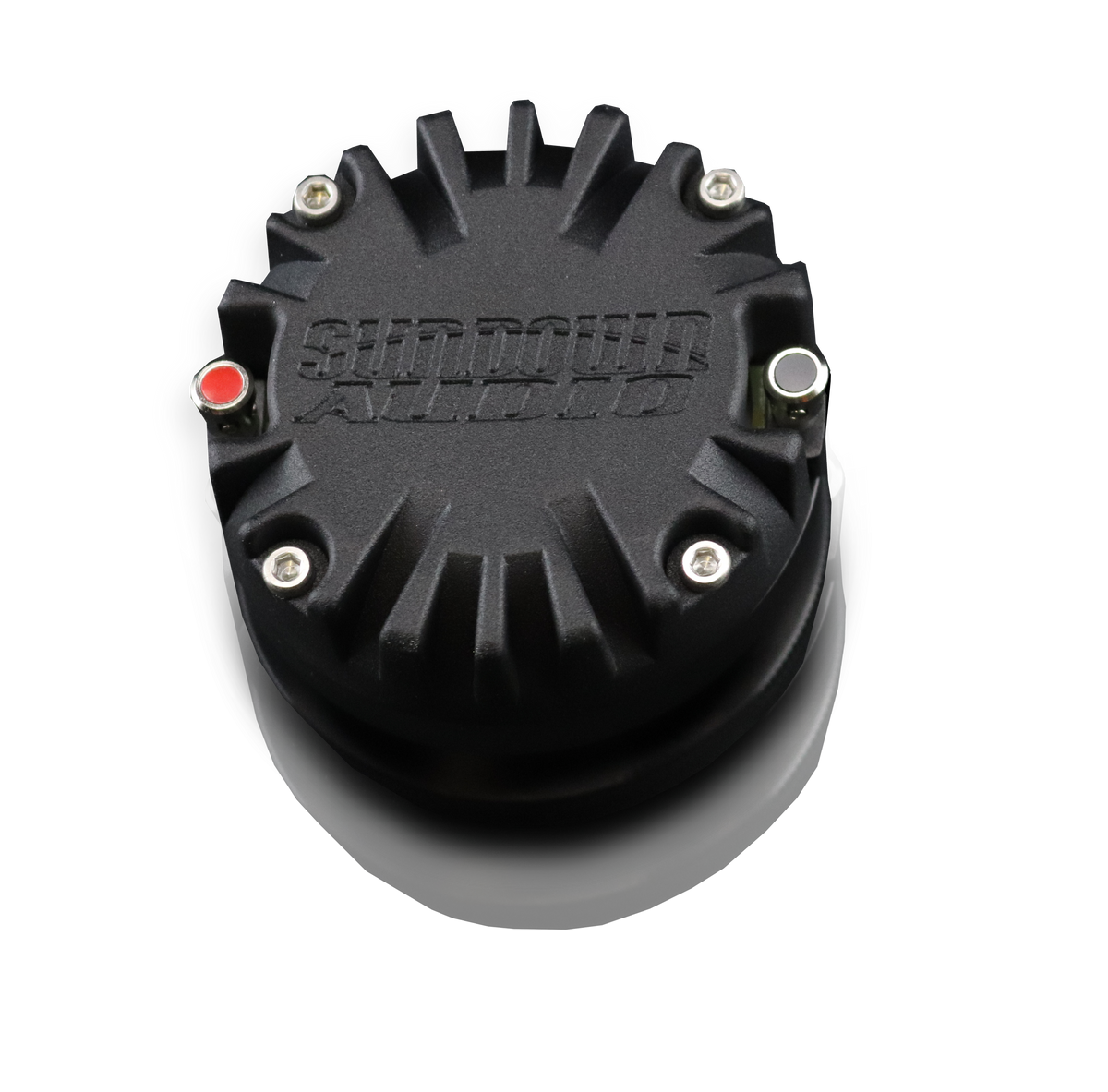 The Sundown Audio HF-R35 features a close-up of its black component with textured, ridged surface, silver bolts, and red/silver terminals. Designed for performance, it provides quality sound with 4-ohm impedance and handles 150 Watts RMS across a rich frequency range.