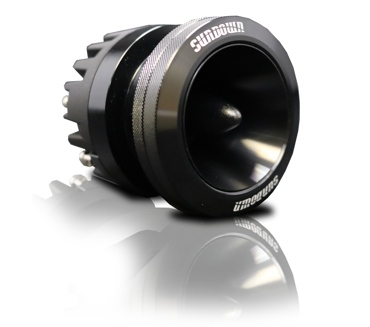 Side view of Sundown Audios HF-R35 turbocharger in black with a metallic rim, showcasing its logo on the edge. The sleek design and 150 Watts RMS power are accentuated by the reflective surface beneath.