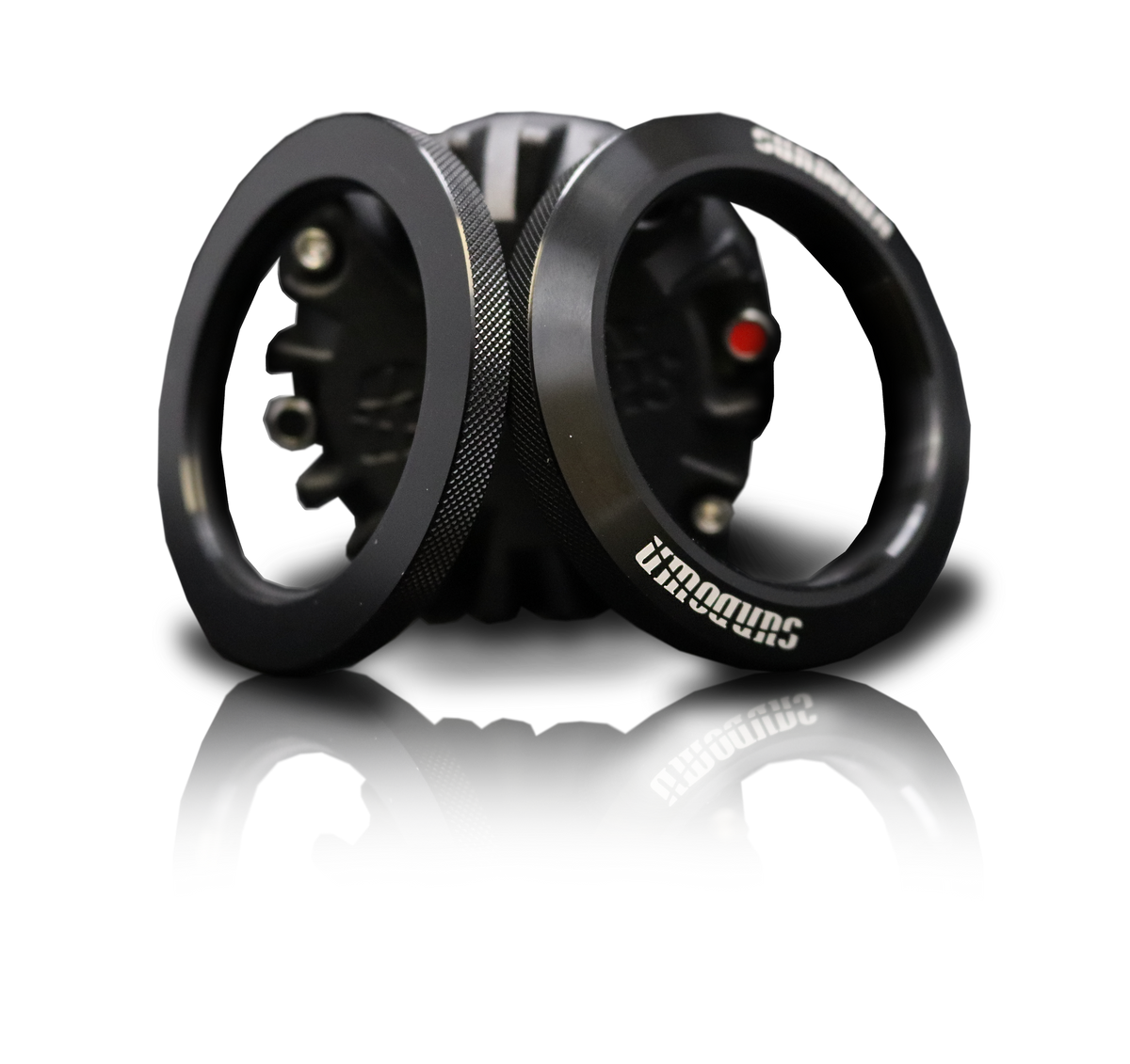 Close-up of two black circular metal rings with textured grips against a black background. One ring shows 150 Watts RMS, while the other features a red indicator. The reflective surface creates a mirrored effect, highlighting the sleek design of Sundown Audios HF-R35.