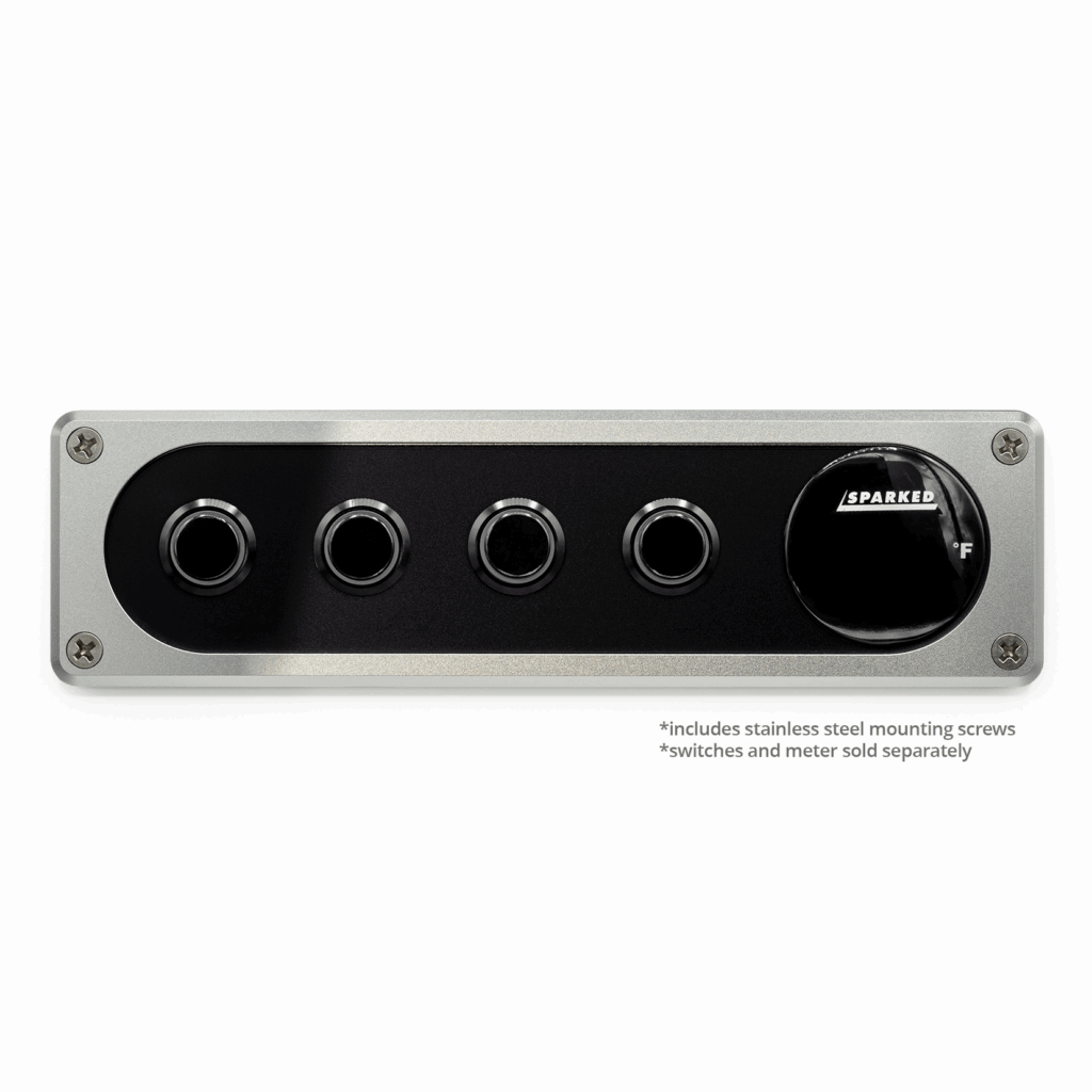 A modern black and silver rectangular panel from Sparked Innovations is ideal for upgrading a car's interior. It features five circular holes for switches and a prominent knob on the right side labeled SPARKED. This silver single DIN aluminum switch panel comes with stainless steel mounting screws, but switches and voltmeter panels are sold separately.