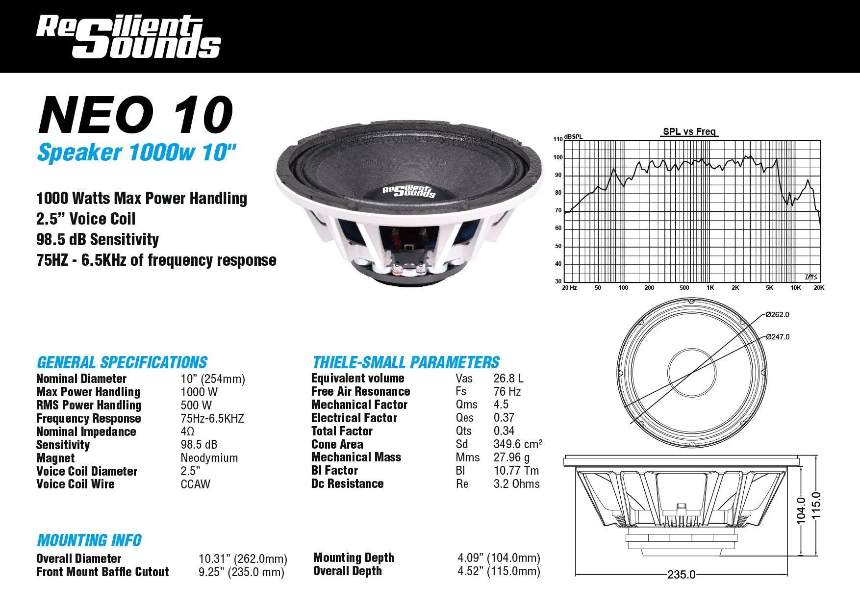 Resilient Sounds RS NEO 10 500W 4Ω 10" Speaker Neodymium Magnet