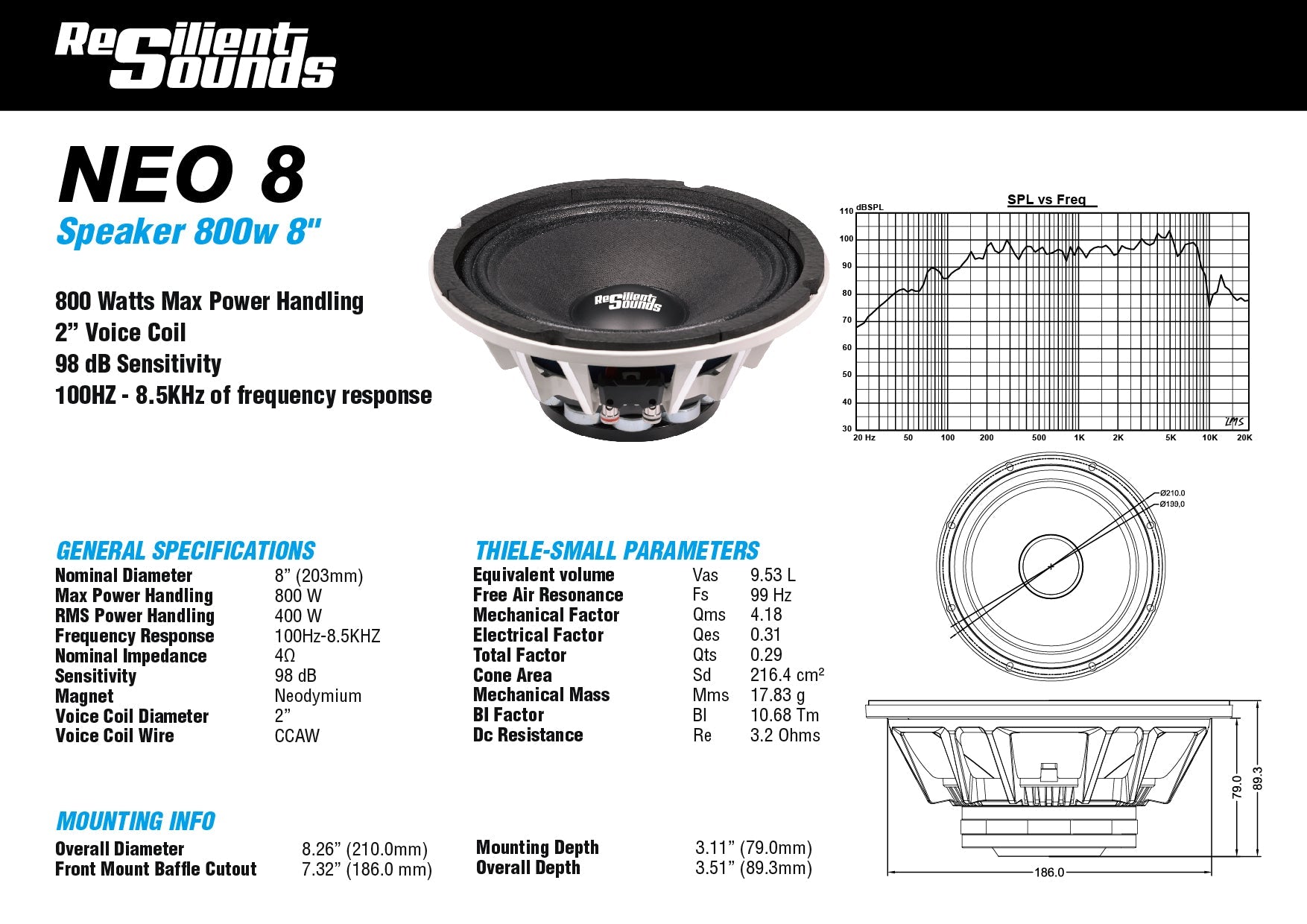 Resilient Sounds NEO 8 400W 4Ω 8" Speaker Neodymium Magnet